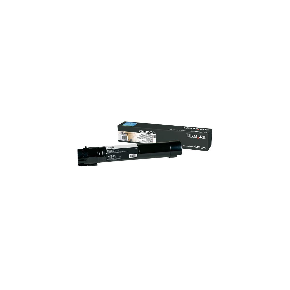 Cartuccia toner e scatola Lexmark nere e argento su sfondo bianco.