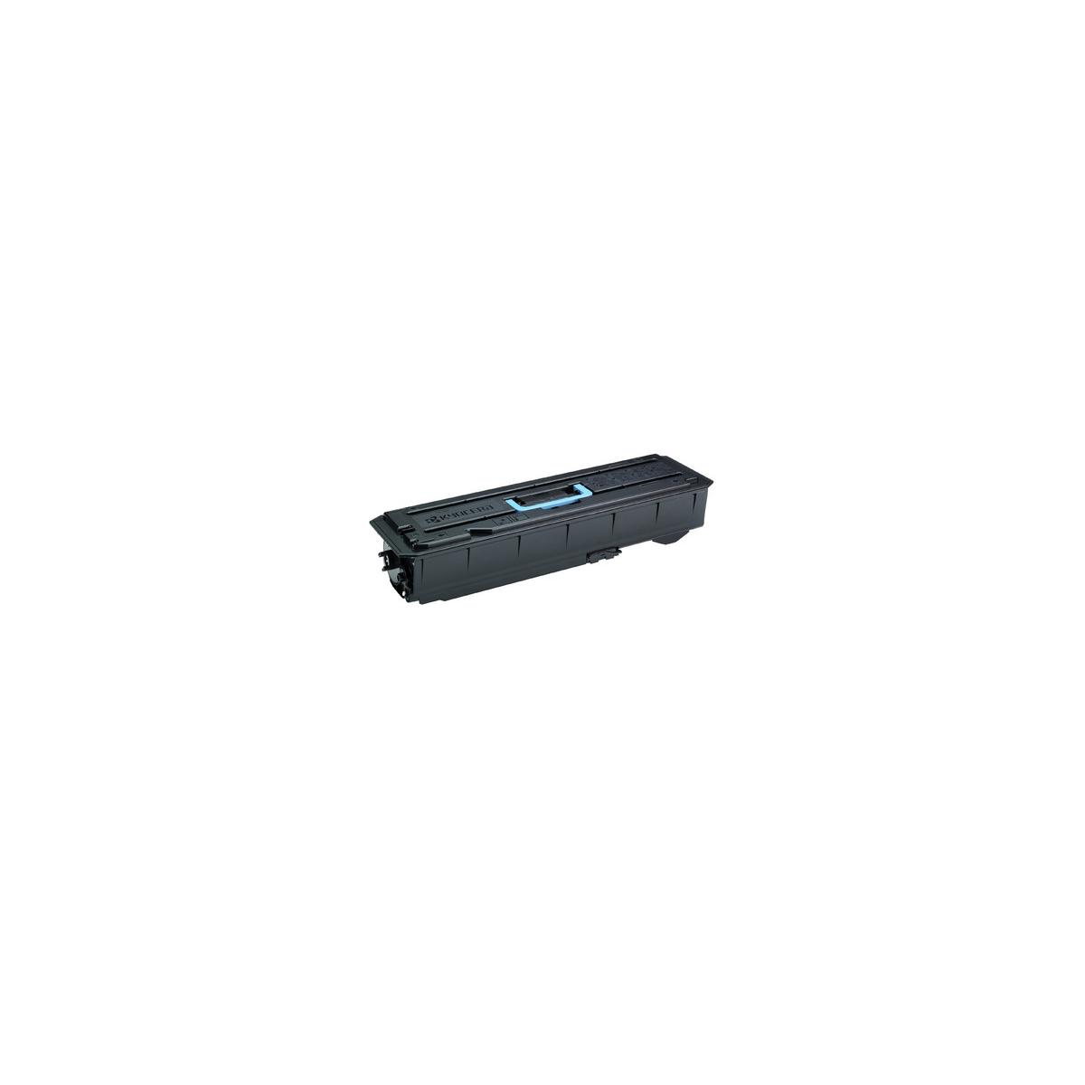 Una cartuccia toner nera con maniglia blu. Lo sfondo è bianco.