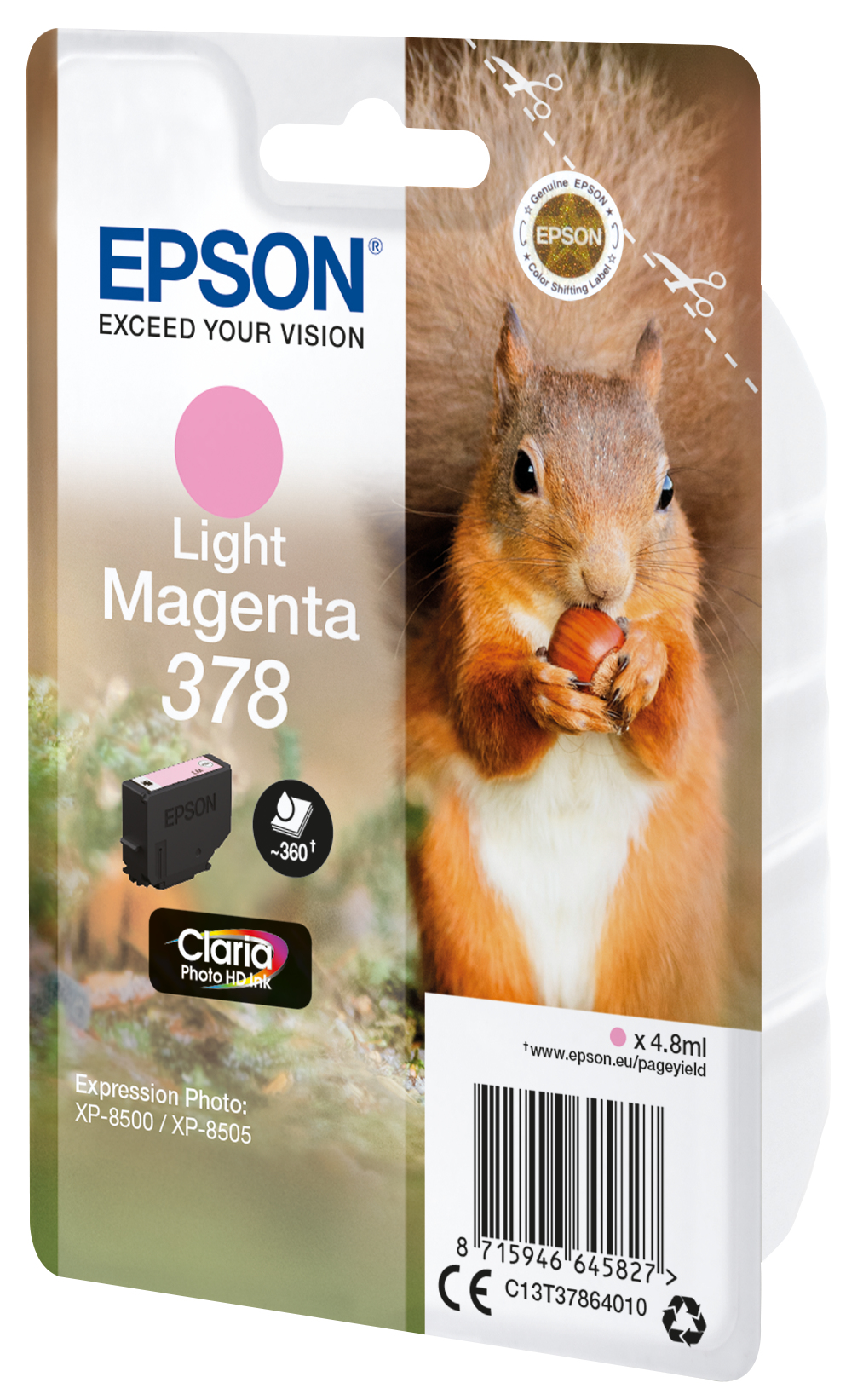 Epson Tintenpatrone mit Eichhörnchen und Nuss. Die Patrone ist Light Magenta 378.