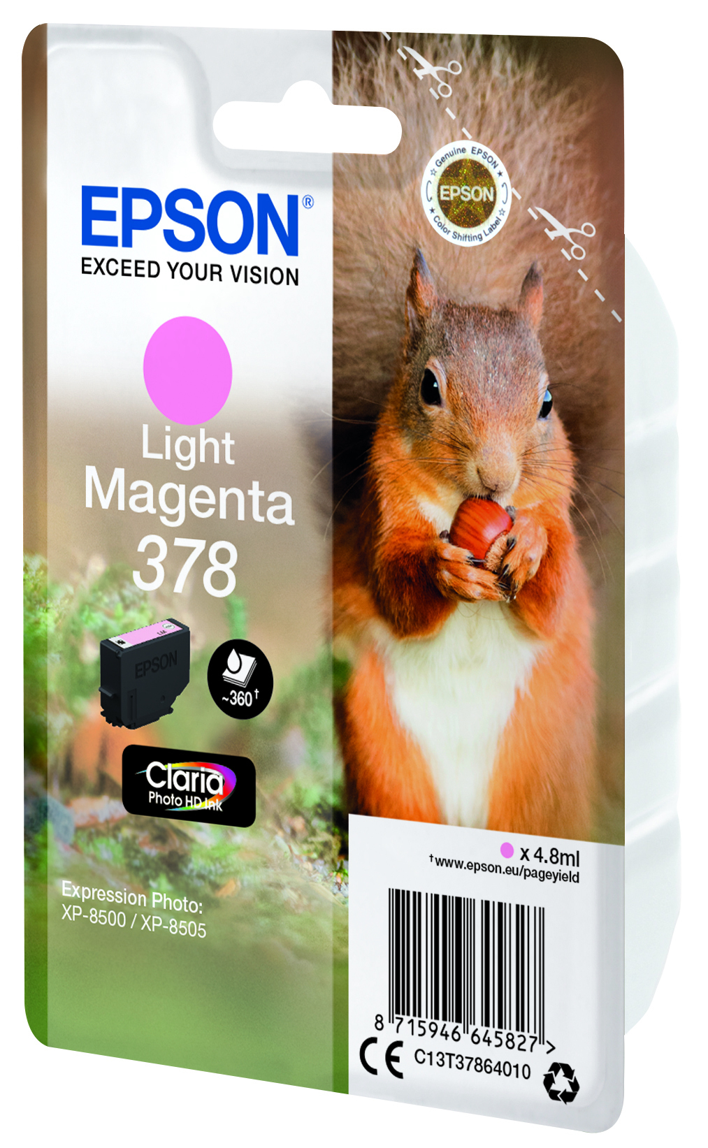 Epson Druckerpatronen-Verpackung. Hellmagenta Farbe. Enthält Patrone und Eichhörnchen-Bild.