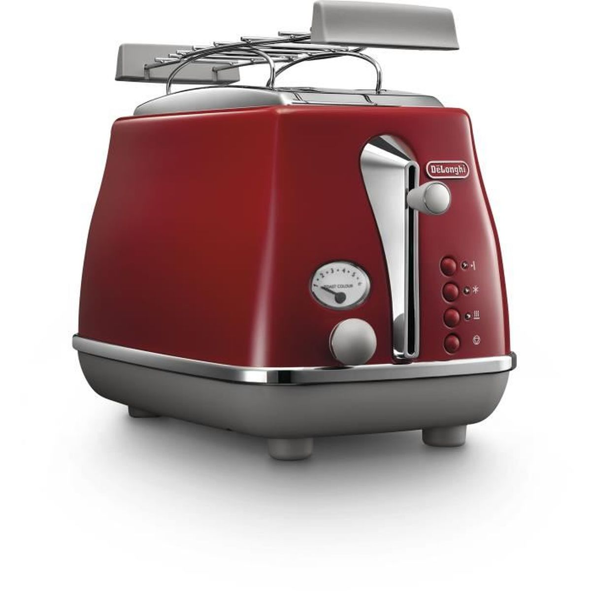 Ein roter Delonghi Toaster mit Chromakzenten, Knöpfen und Schaltern auf weißem Grund.