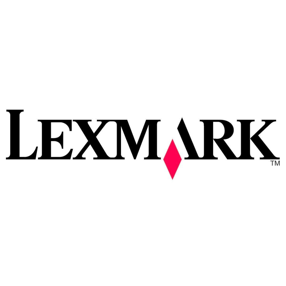 Logo Lexmark. Czarne, pogrubione litery i różowy romb.