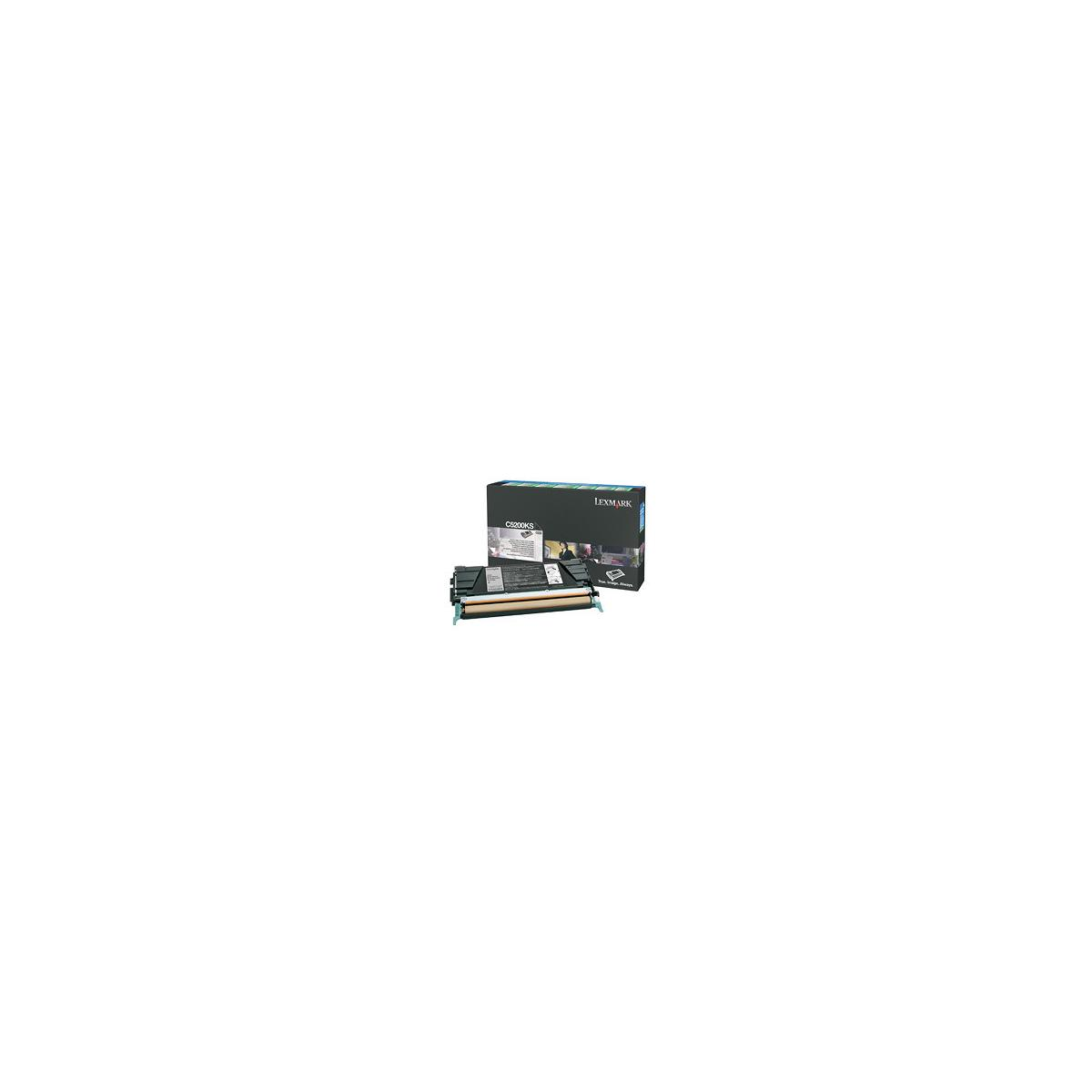Una stampante Lexmark con scatola cartucce toner e cartuccia su sfondo bianco.