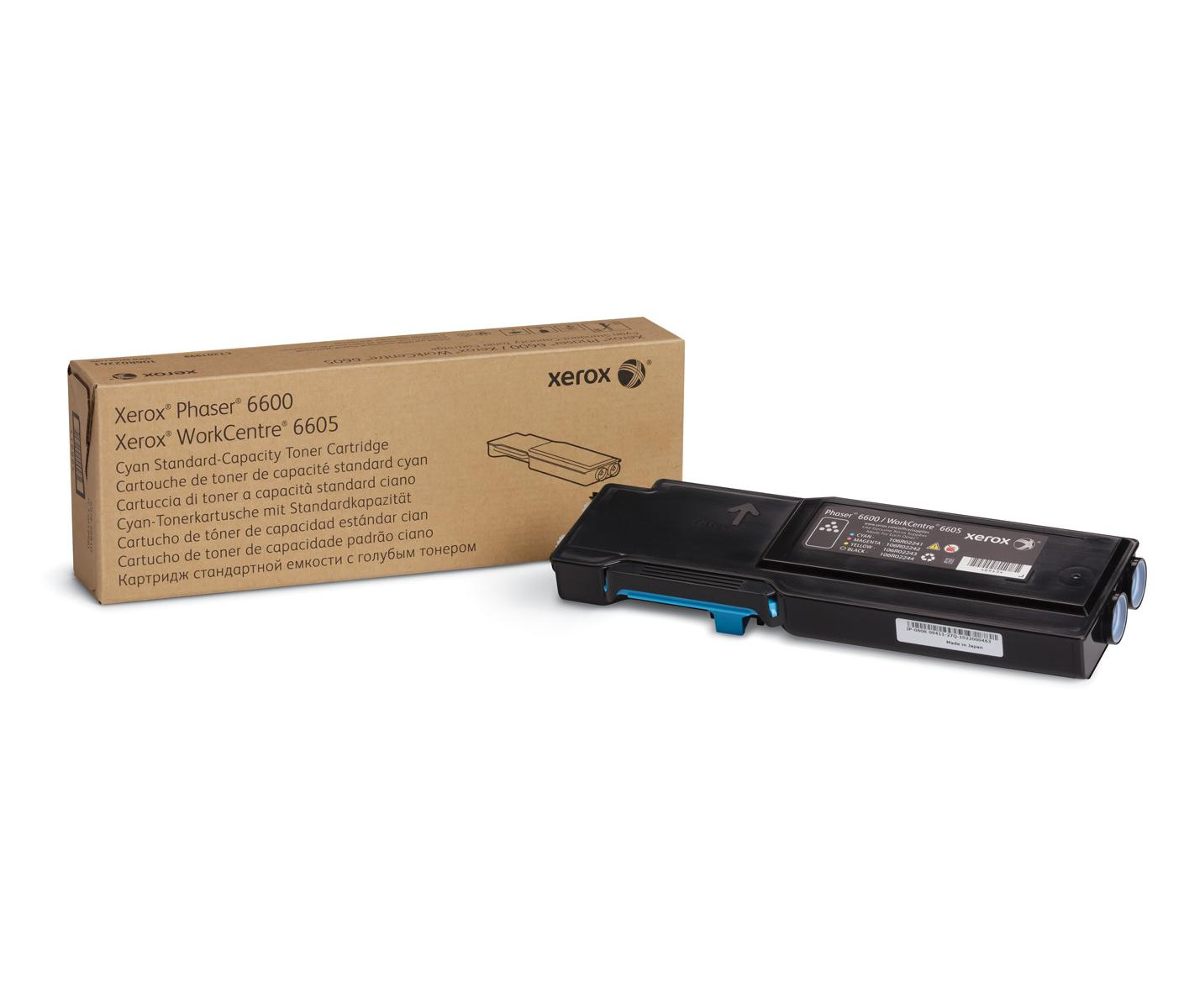 Cartuccia toner ciano Xerox Phaser 6600 e scatola. Cartuccia nera, dettagli ciano sul lato.
