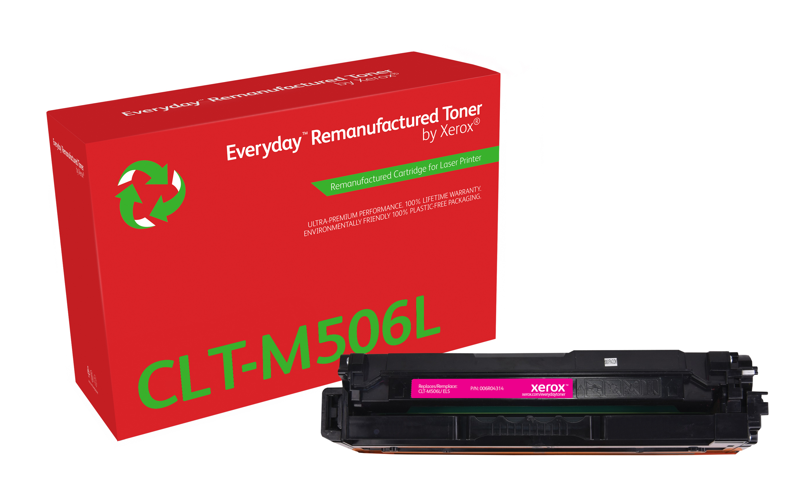 Wkład z tonerem w kolorze magenta Xerox i czerwone pudełko.