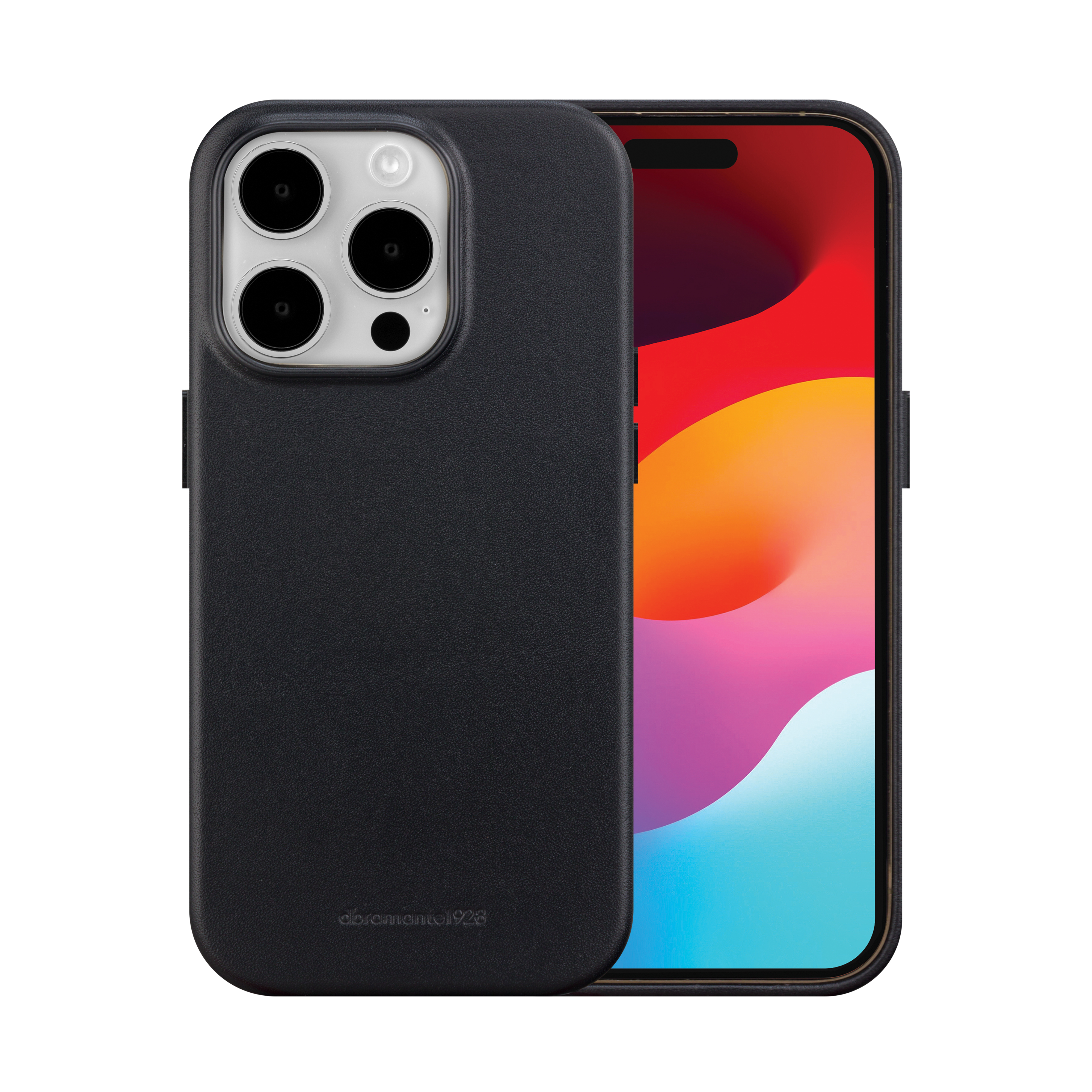 Custodia nera per iPhone con fori per la fotocamera e telefono.