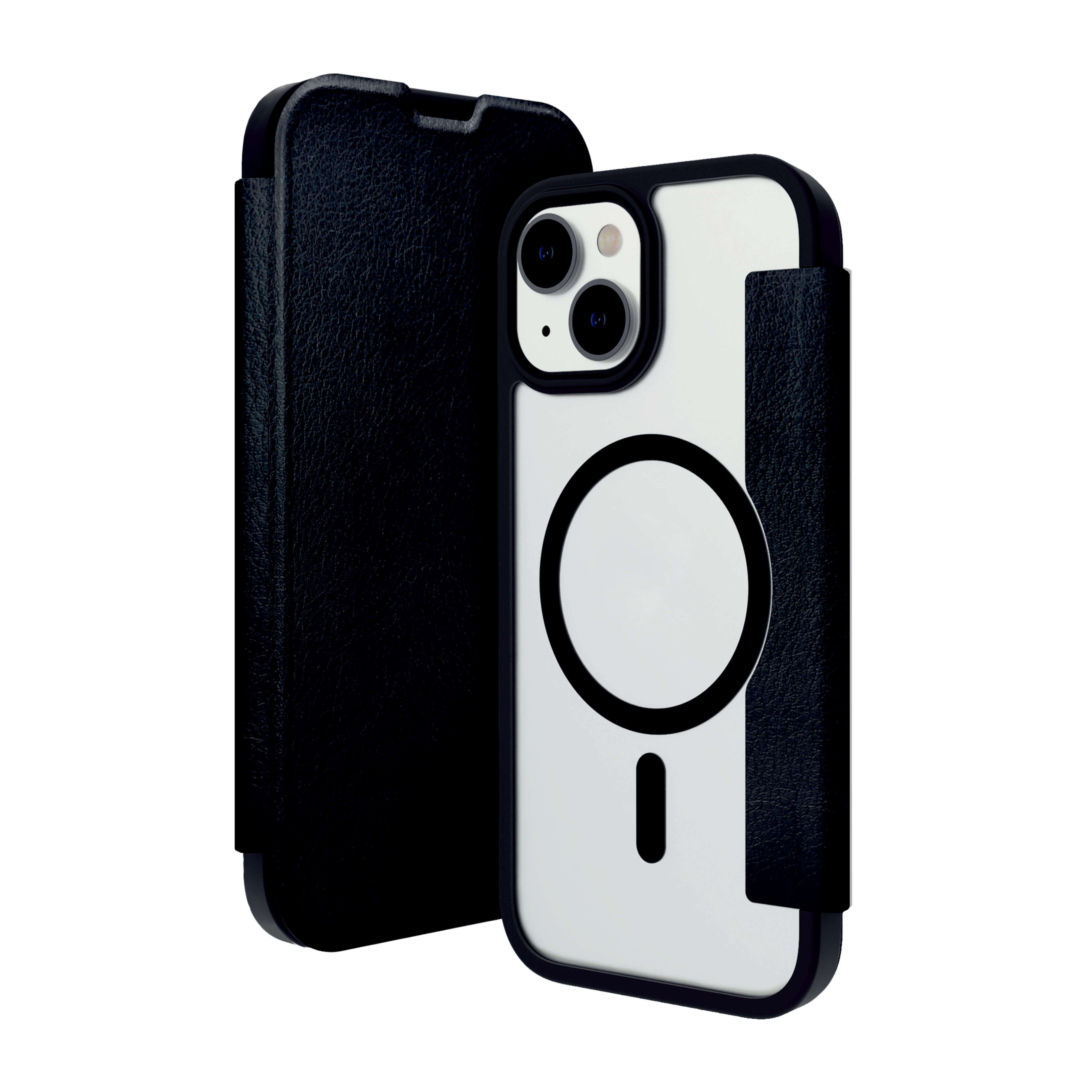 Una custodia per iPhone bianca e nera con un cerchio magnetico sul retro e una cover separata.