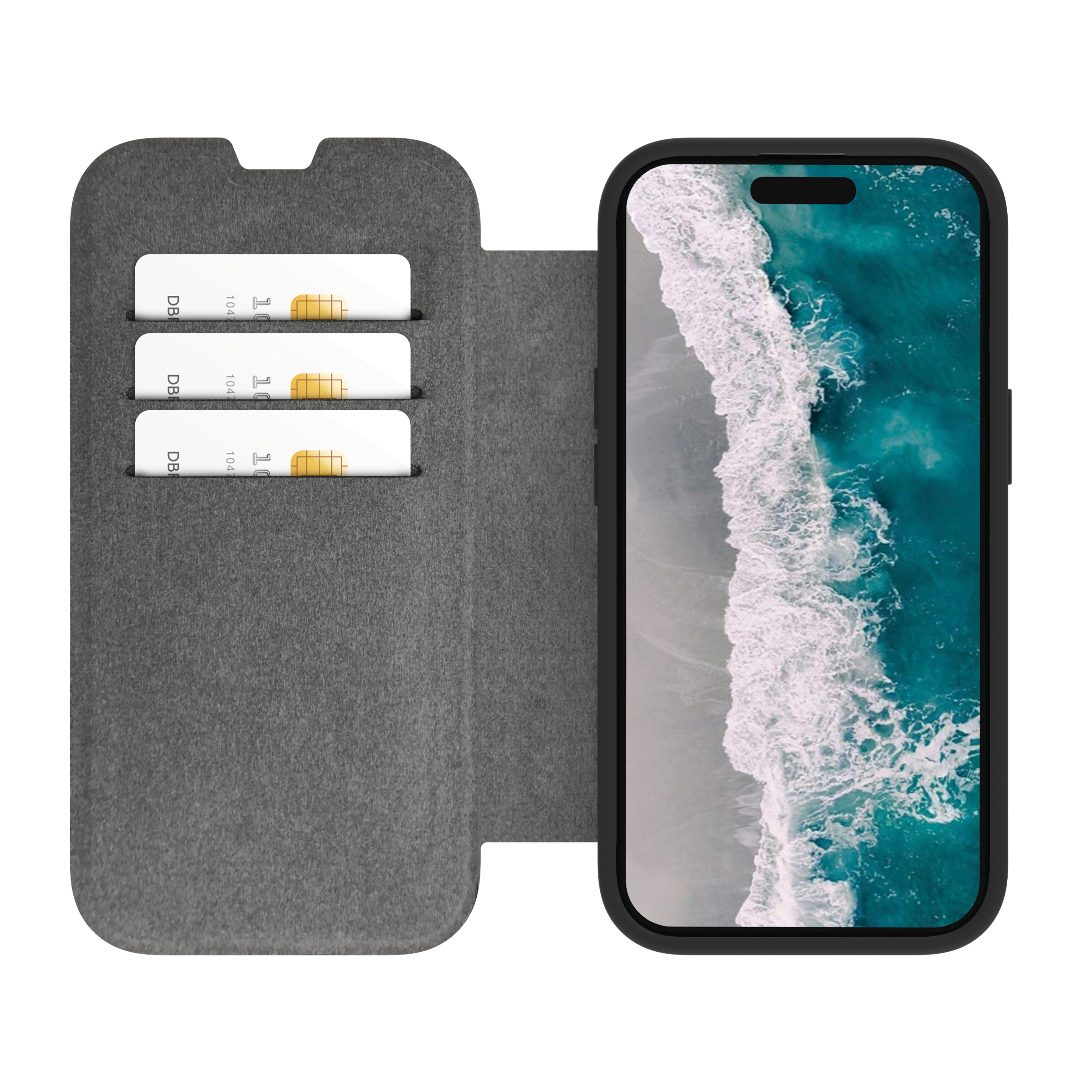 Custodia per smartphone nera con tre slot per carte e paesaggio marino.