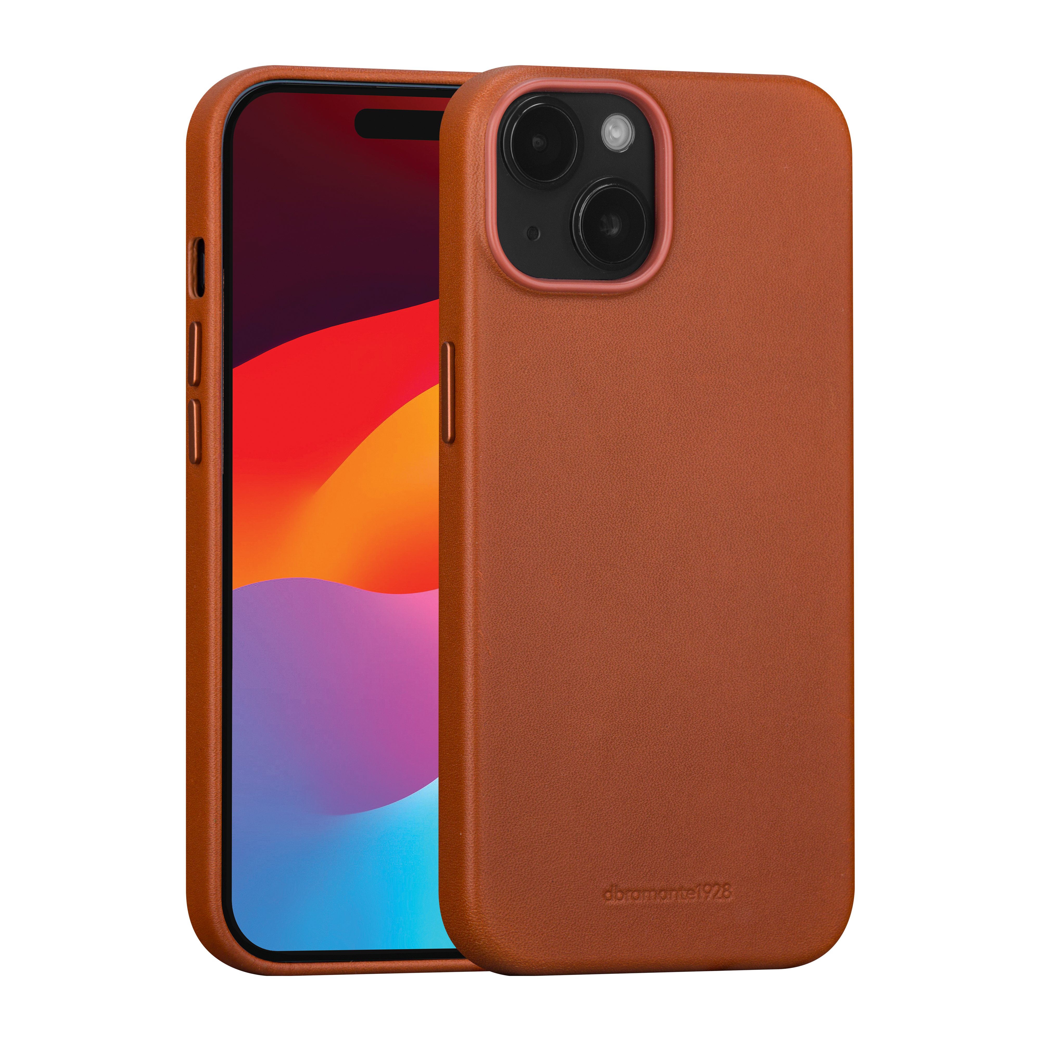 Una custodia per telefono in pelle marrone, con un telefono visibile. Ha un rigonfiamento per la fotocamera.