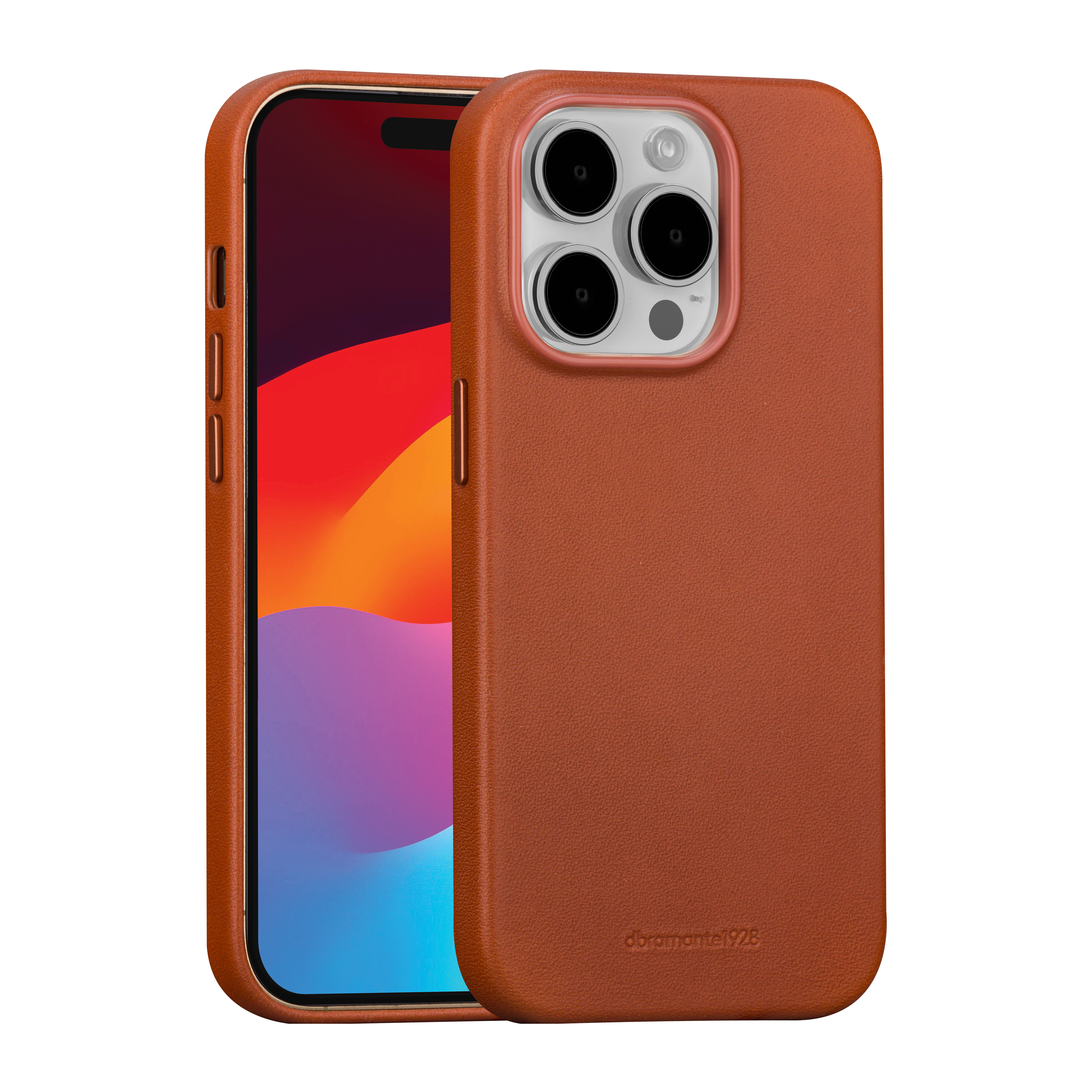 Una custodia per telefono in pelle marrone. Il telefono ha tre fotocamere.