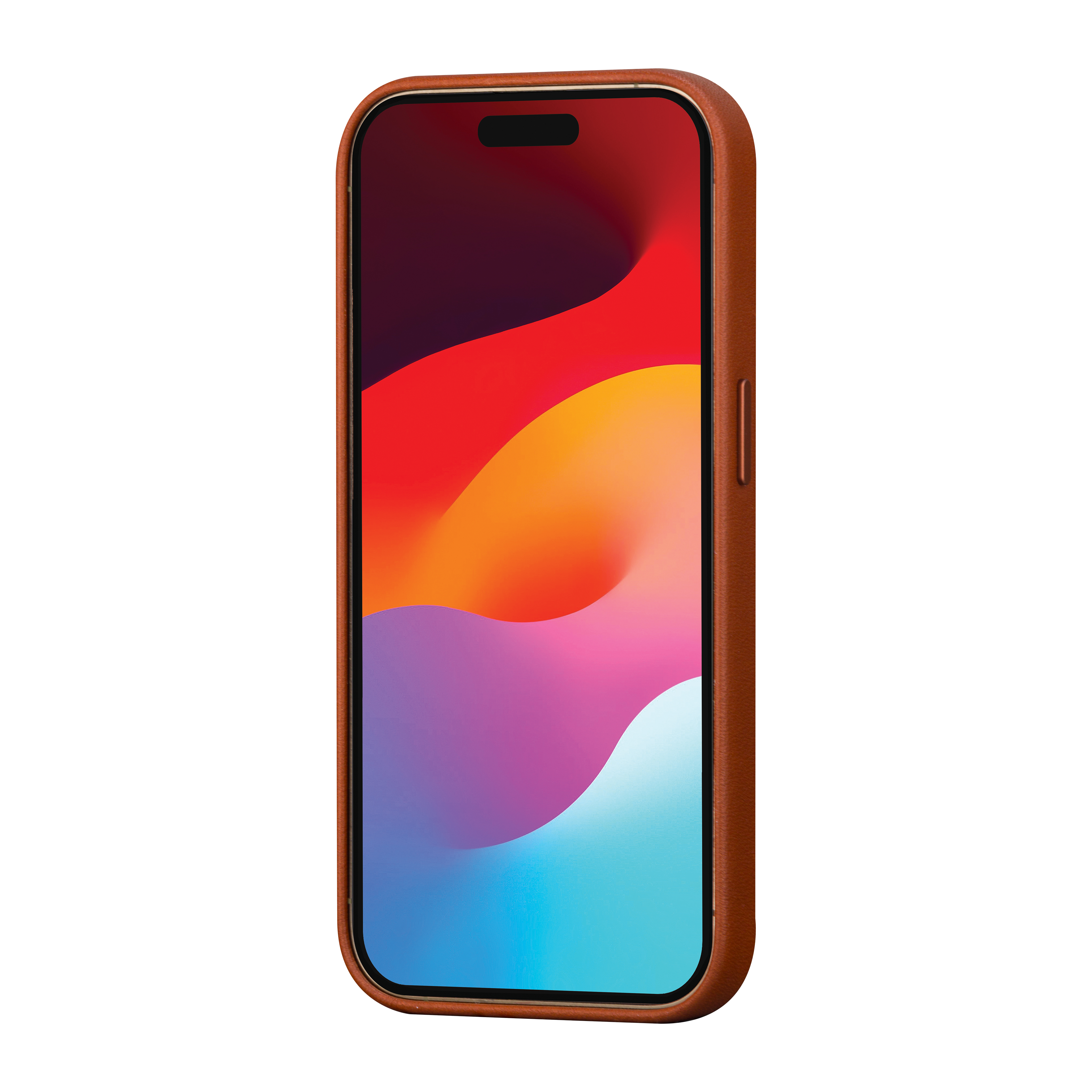 Una custodia marrone con un telefono all'interno, che mostra uno sfondo astratto colorato.