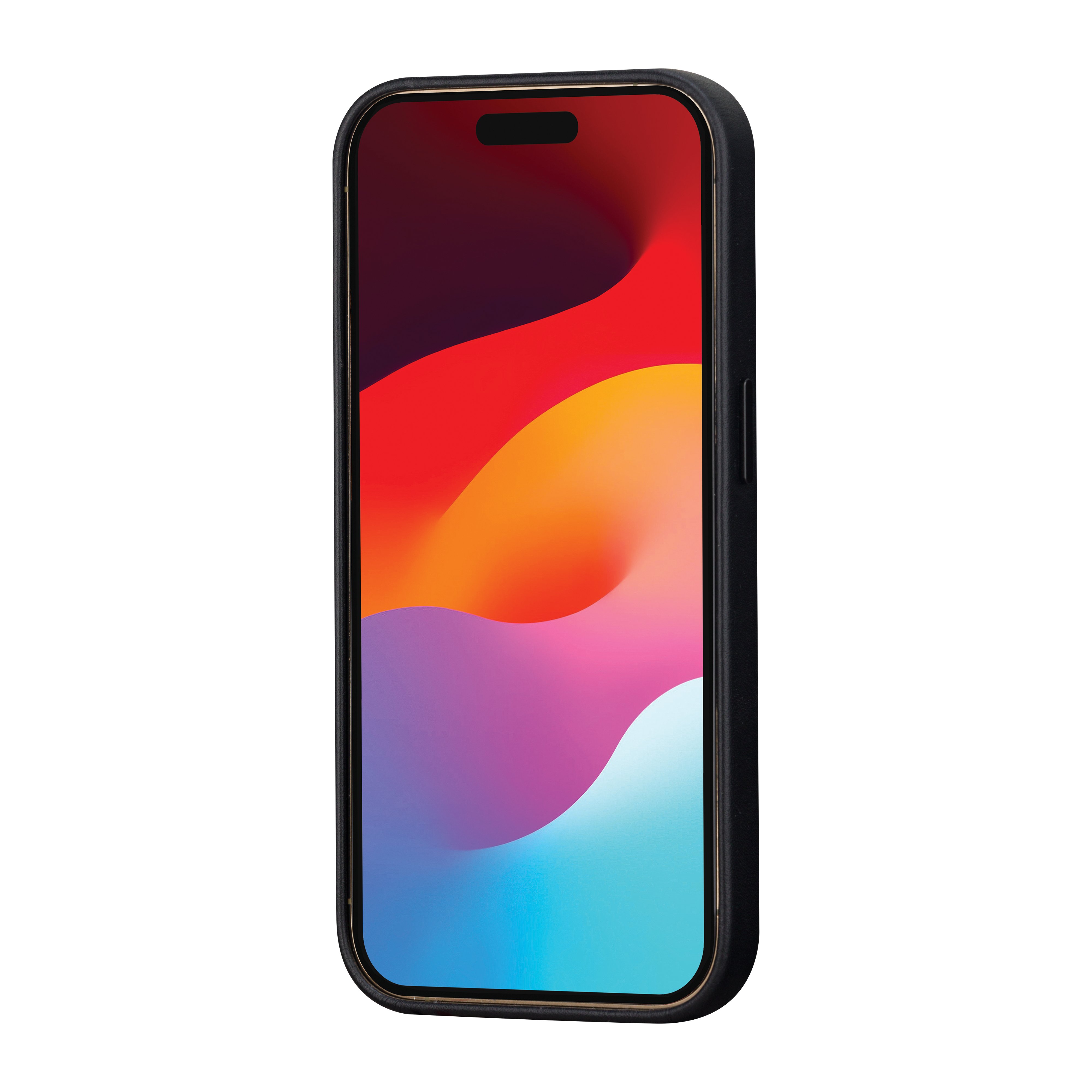 Una custodia per telefono nera con uno schermo colorato che mostra un design astratto vivace.