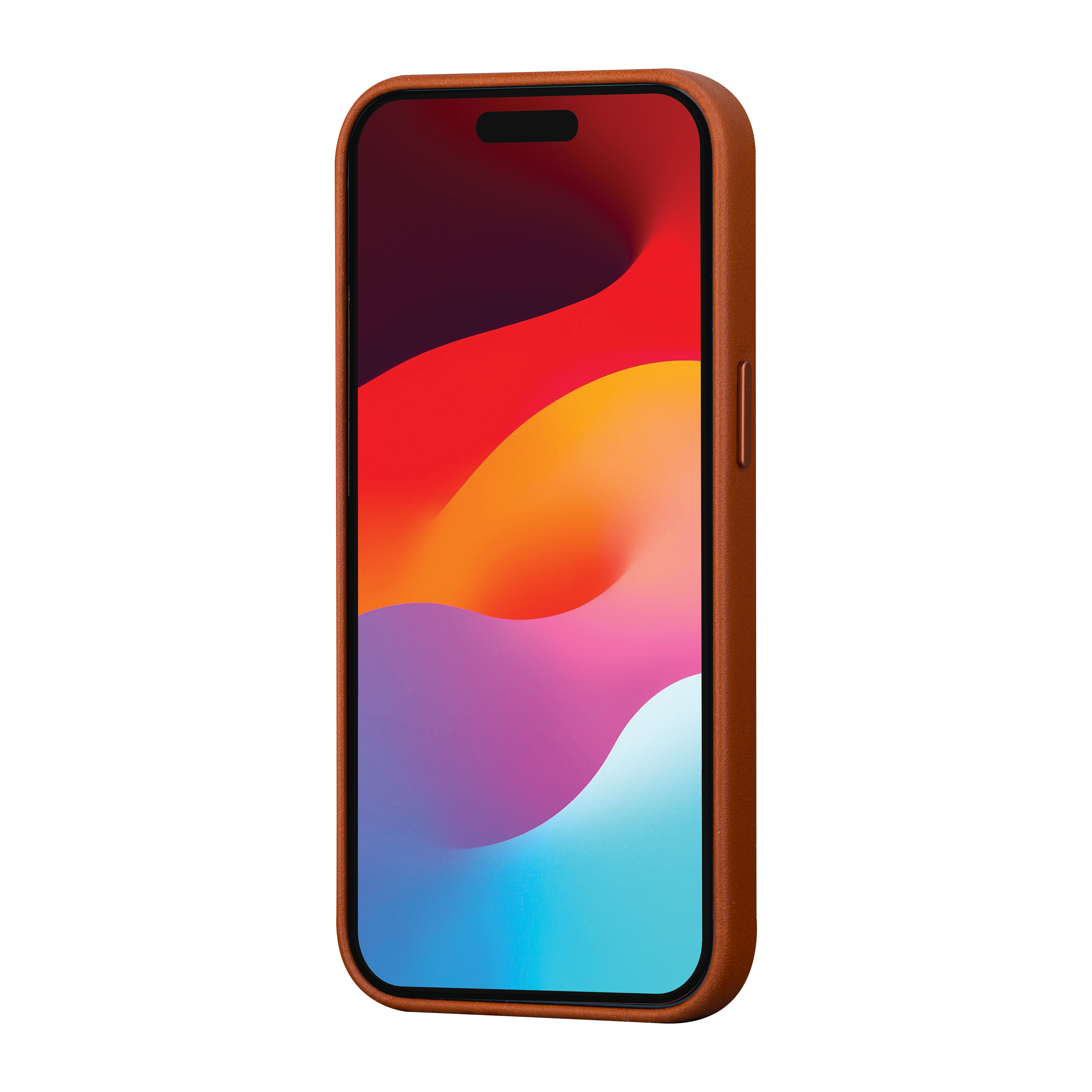 Custodia marrone per iPhone, mostra lo schermo del telefono con immagine astratta.