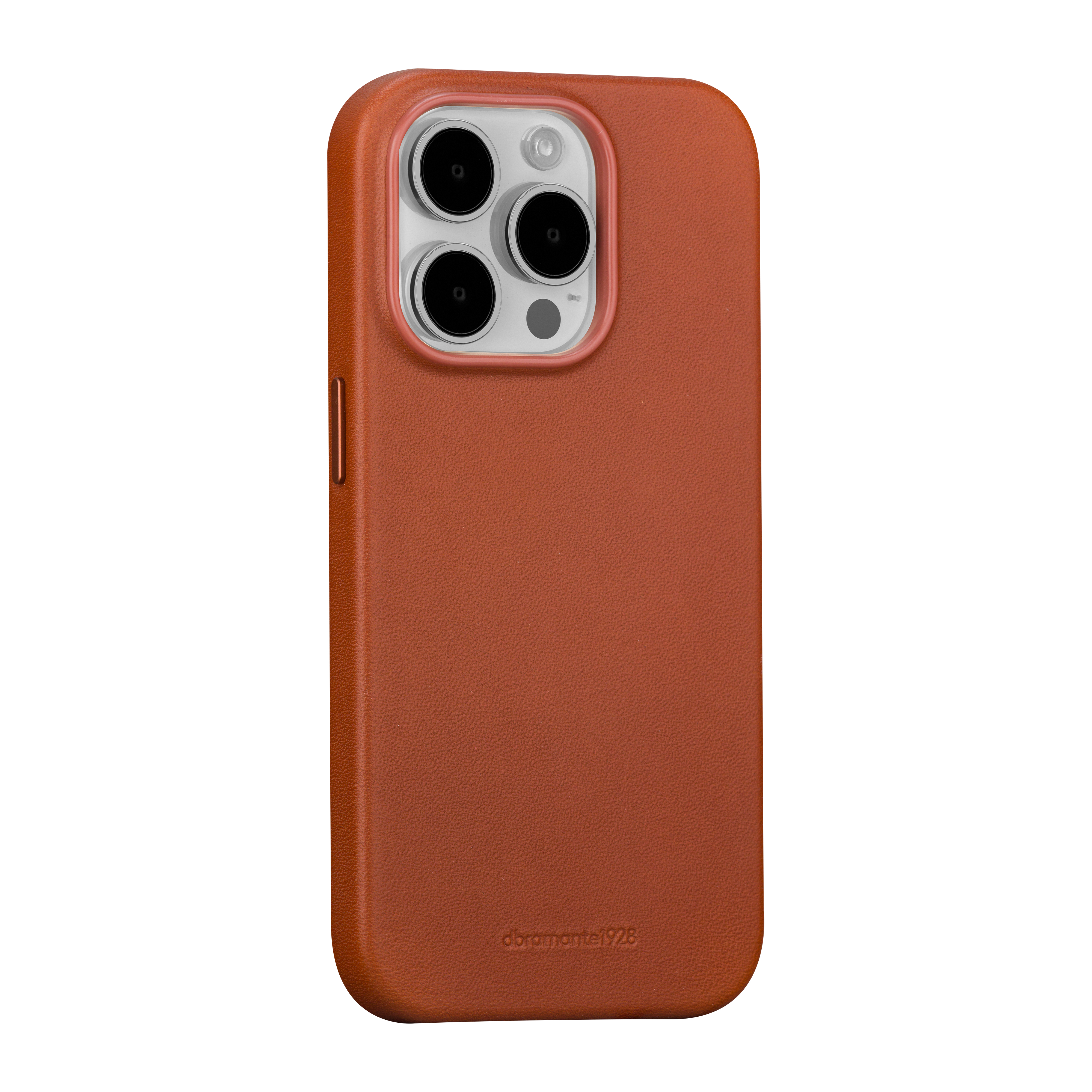 Una custodia per iPhone in pelle arancione con tre obiettivi.