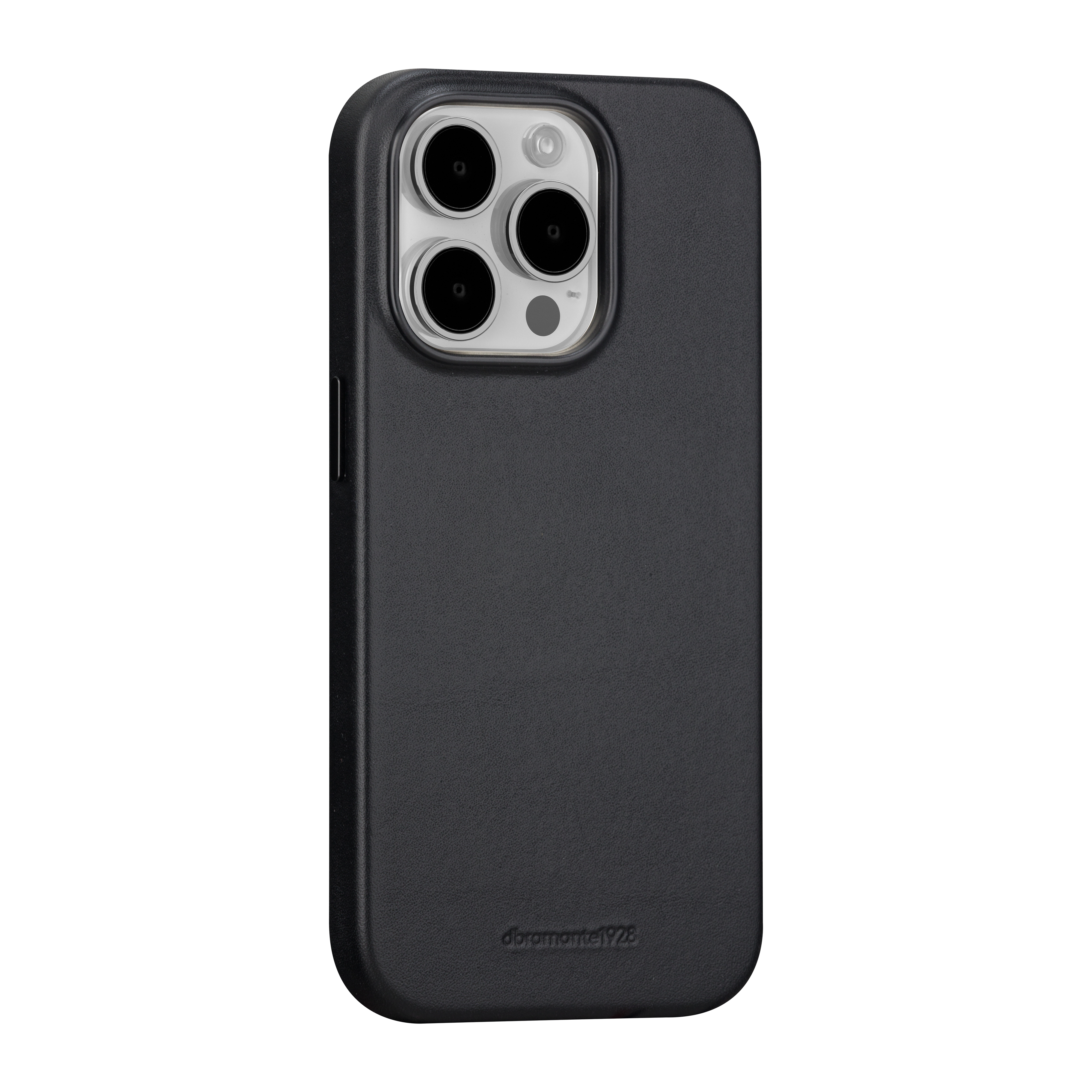 Una custodia nera per telefono con tre lenti della fotocamera. Il marchio è in basso.