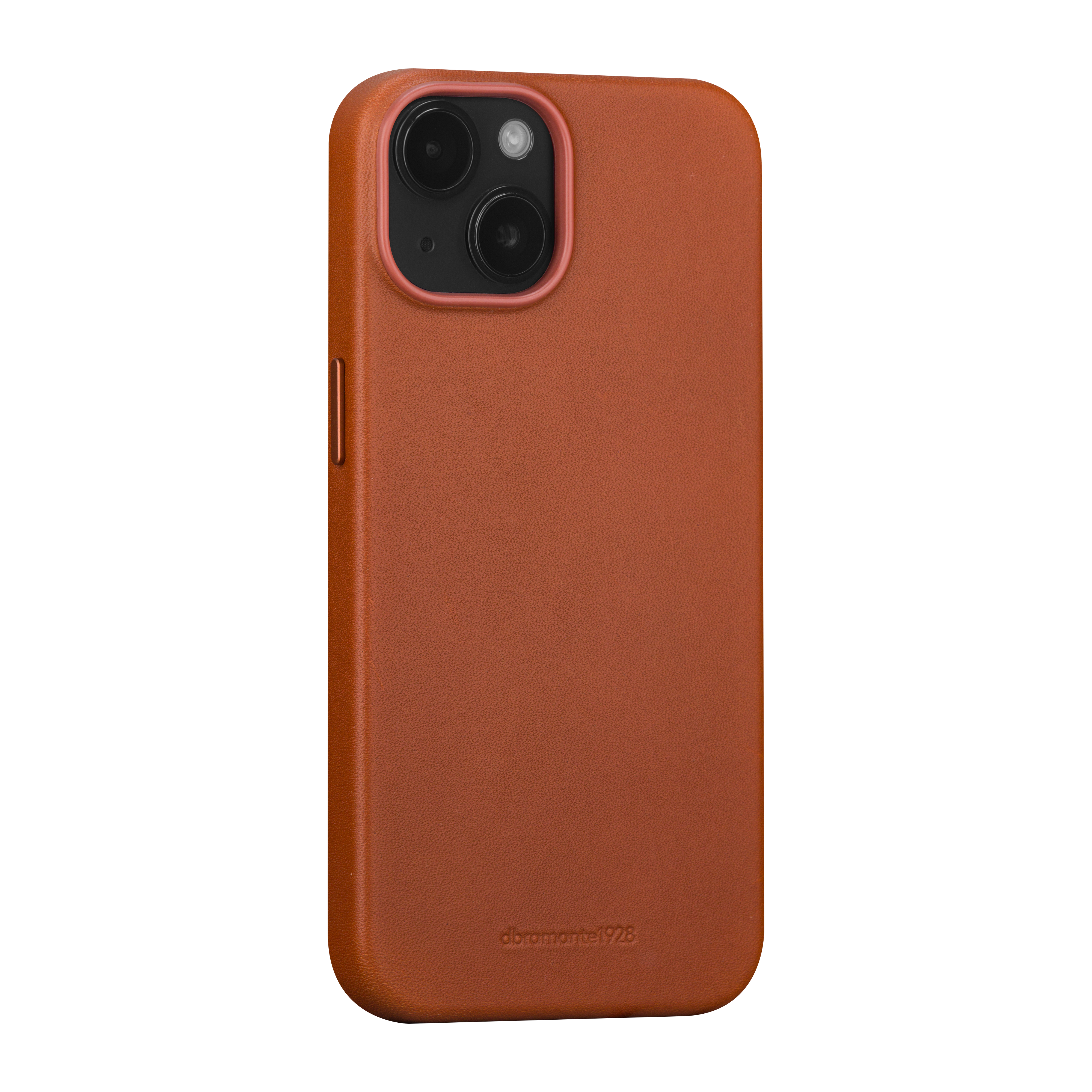 Custodia per telefono in pelle marrone con fori per fotocamera. Il marchio è visibile in basso.