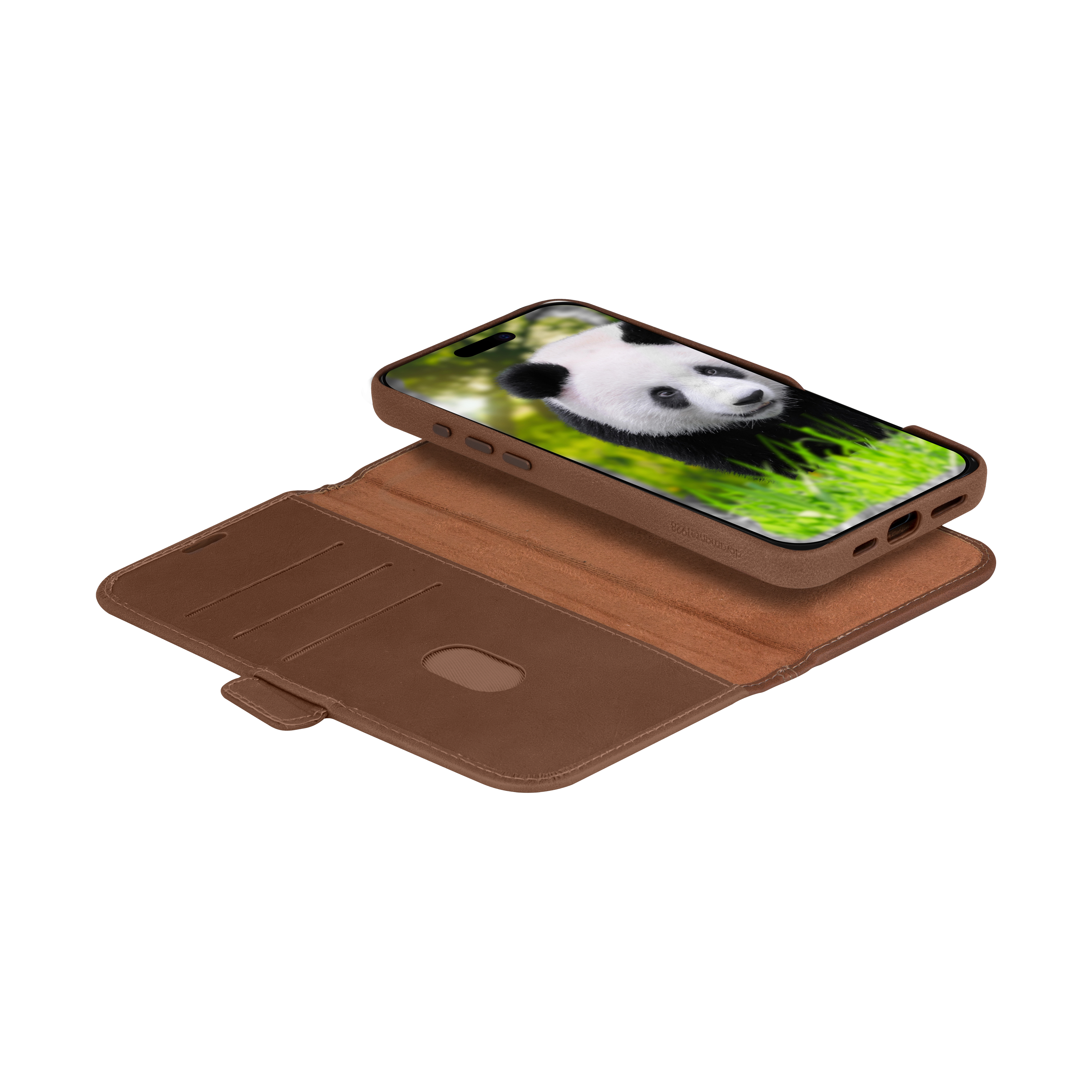Smartphone in una custodia in pelle marrone, che mostra un'immagine di panda sullo schermo, aperto, su sfondo verde.