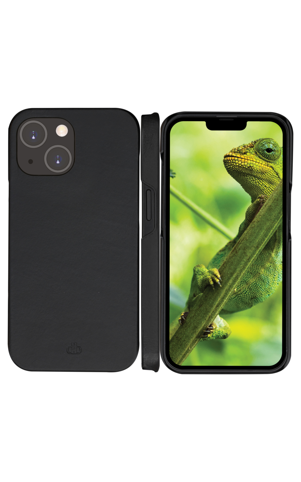 Una custodia per telefono nera con un iPhone che mostra un camaleonte sullo schermo.