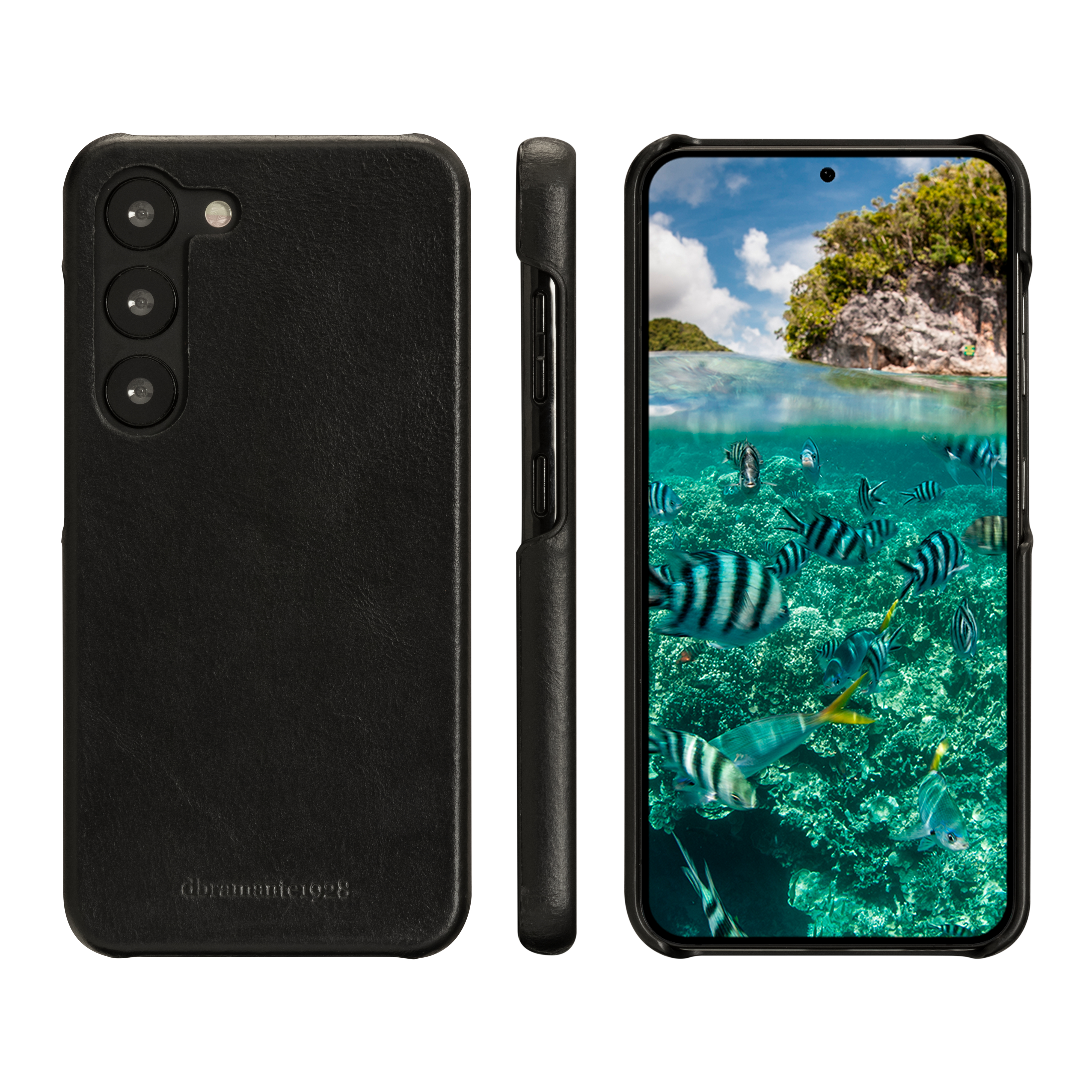 Custodia nera per telefono su sfondo bianco. Il telefono mostra una scena di barriera corallina tropicale.