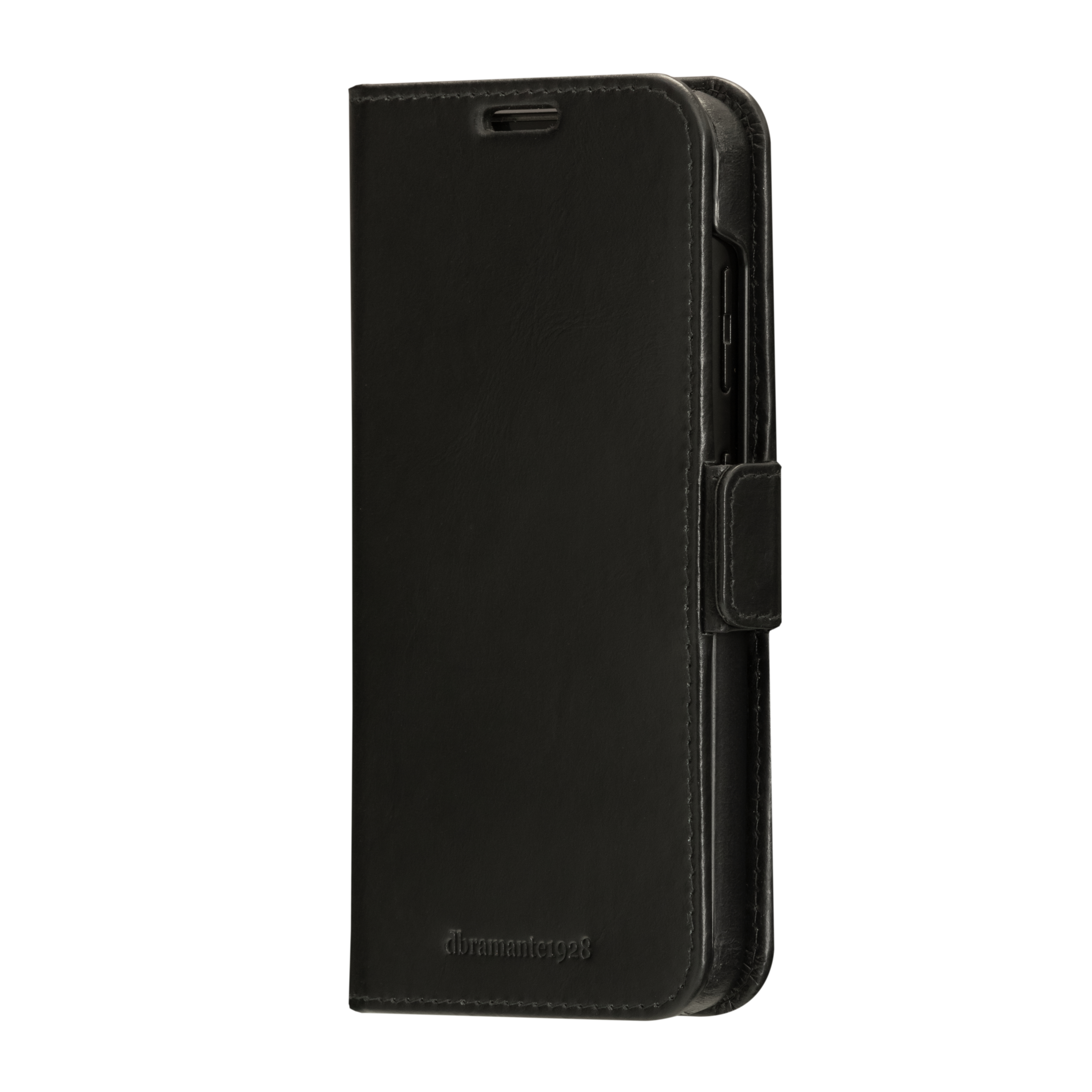 Una custodia per telefono nera chiusa con chiusura magnetica, il marchio è stampato in basso.