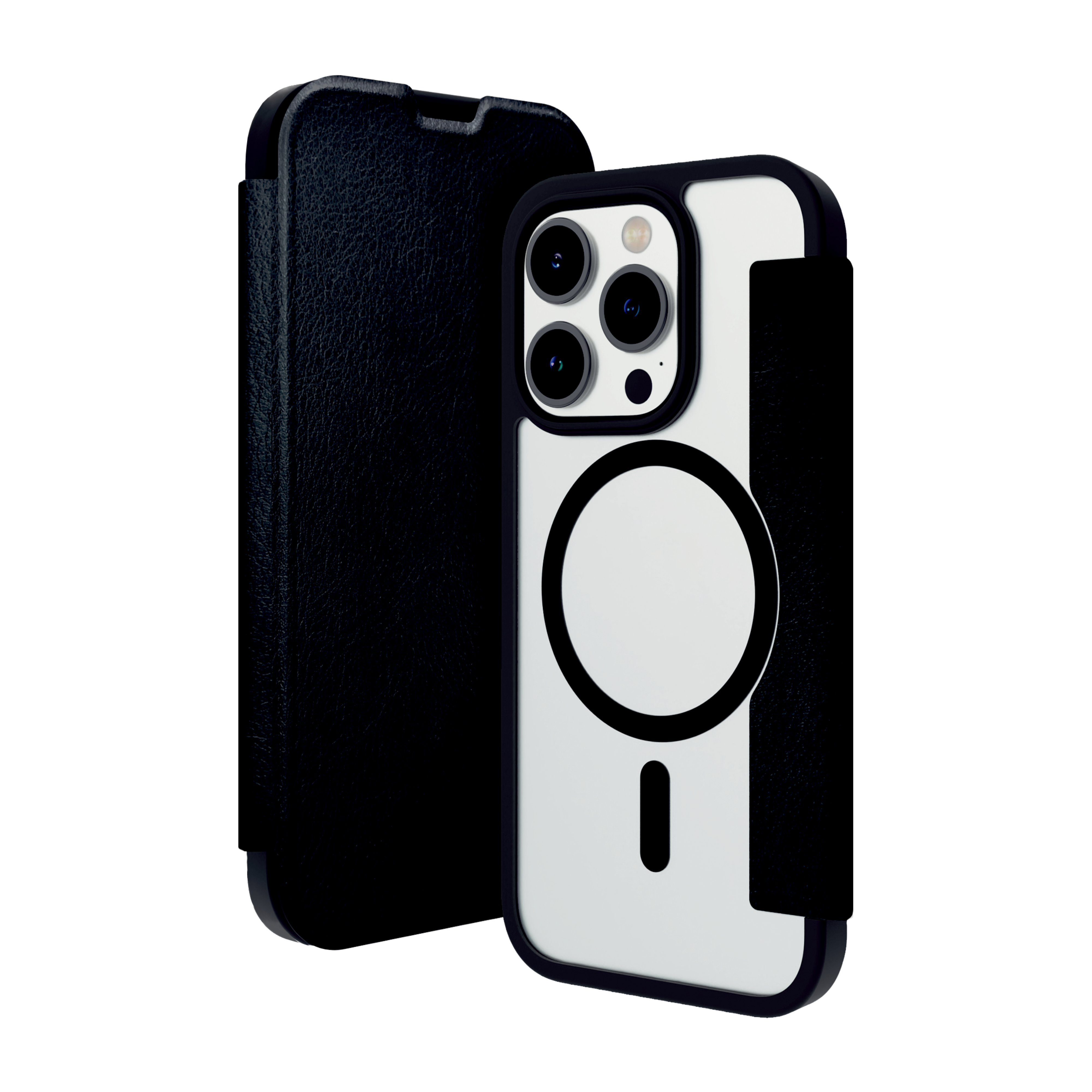 Custodia per iPhone nera con cerchio magnetico e fori per fotocamera.