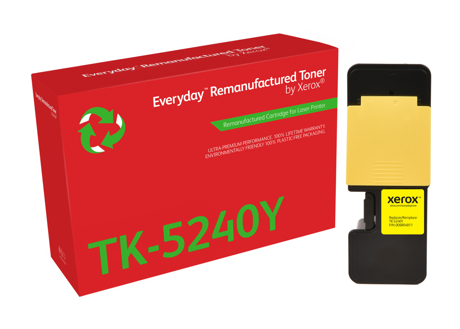 Czerwone pudełko Everyday Remanufactured Toner firmy Xerox obok żółtego wkładu z tonerem.
