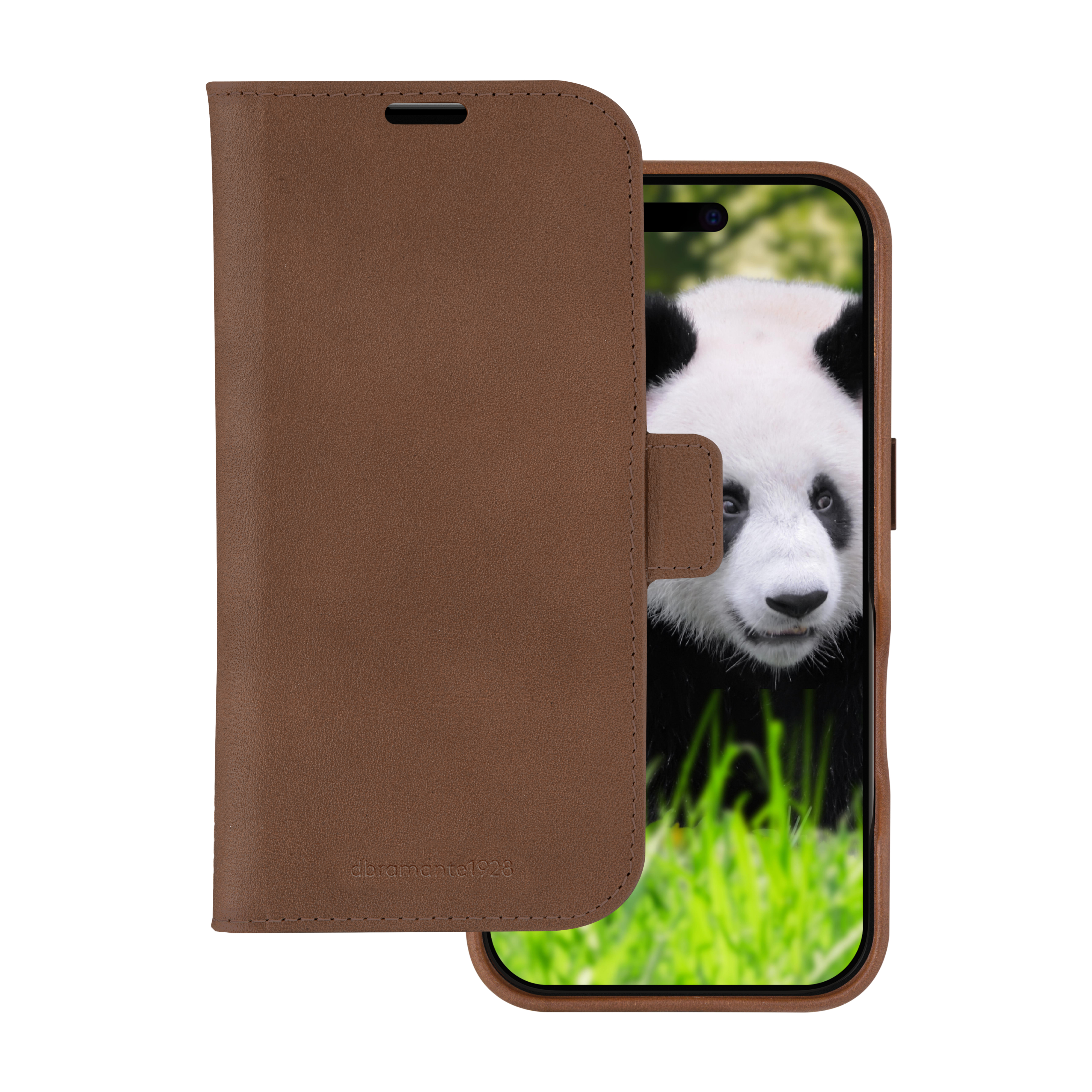 Una custodia marrone per telefono con un'immagine di panda sullo schermo, aperta per rivelare il telefono.