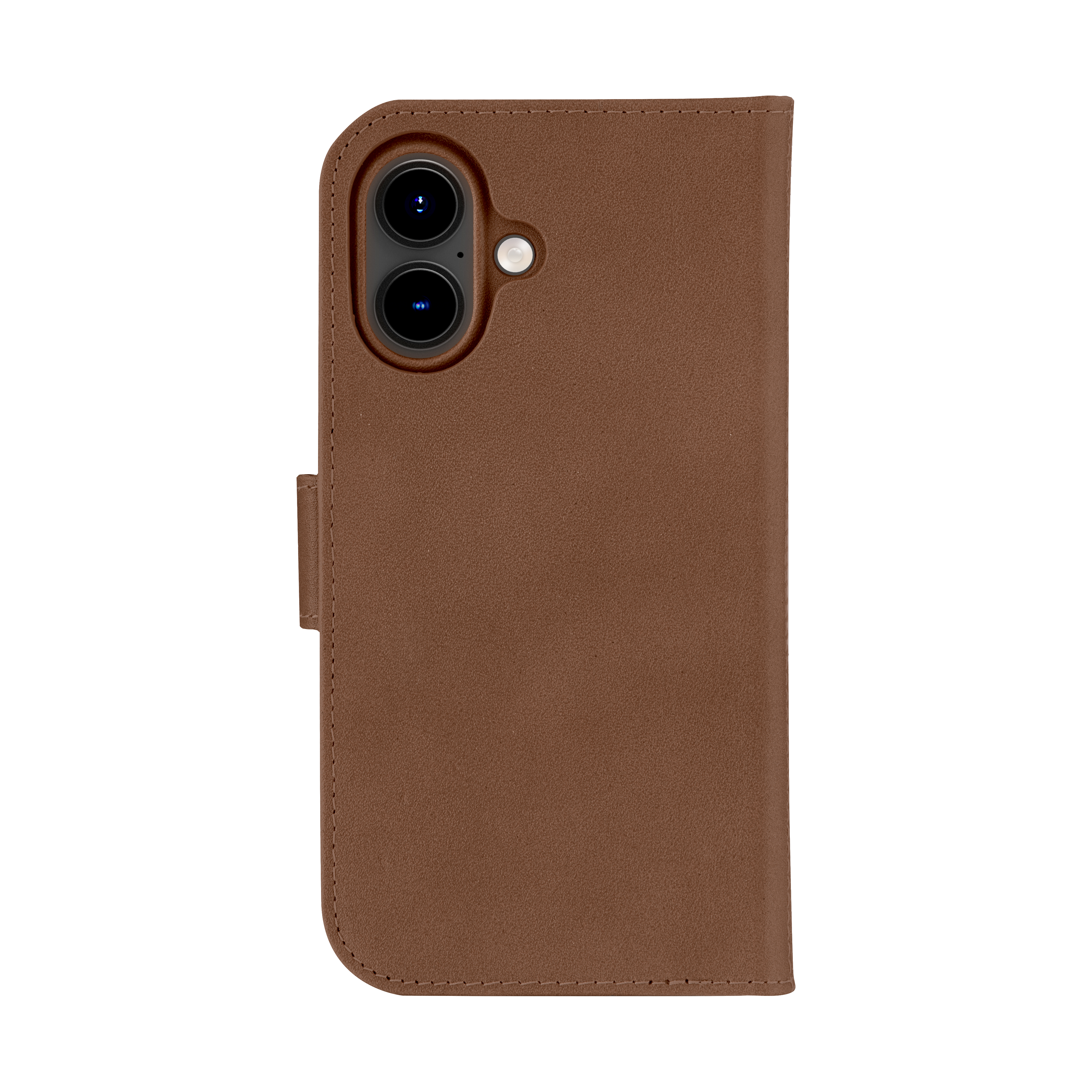 Custodia per telefono in pelle marrone aperta, che mostra uno smartphone con doppia fotocamera, su sfondo bianco.