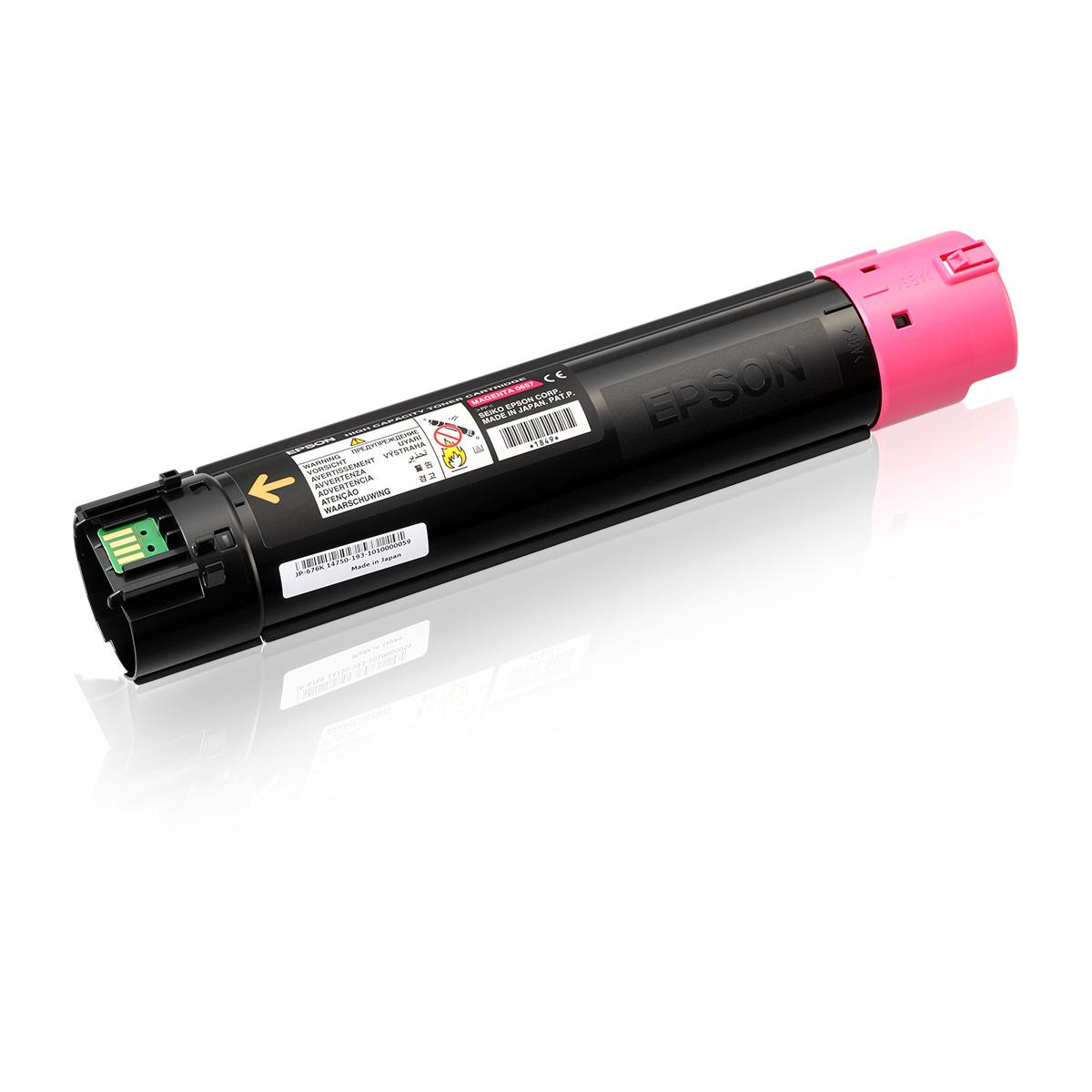 Cartuccia toner Epson. Cartuccia nera con parte superiore rosa. Connettori verdi.