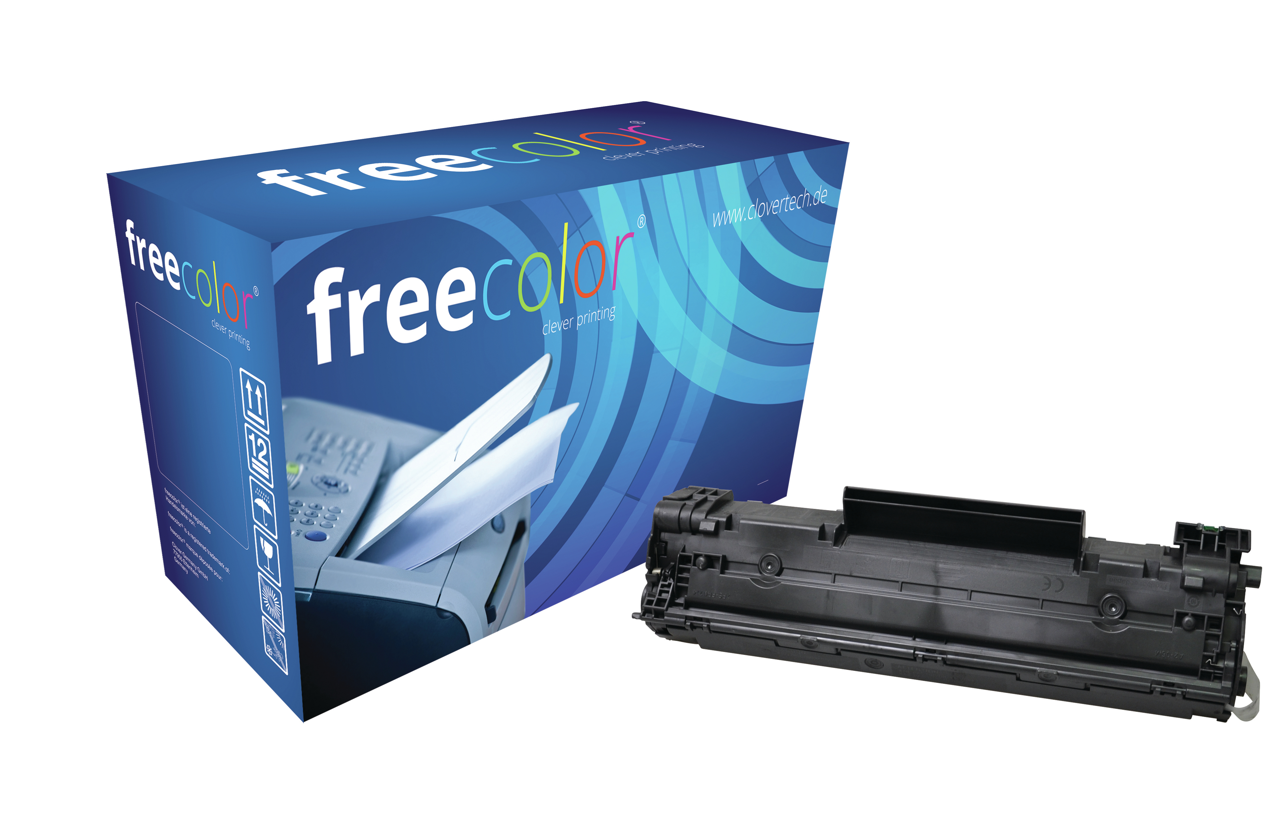 Una scatola blu con l'etichetta 'freecolor' con un grafico di stampante e una cartuccia di toner nera.