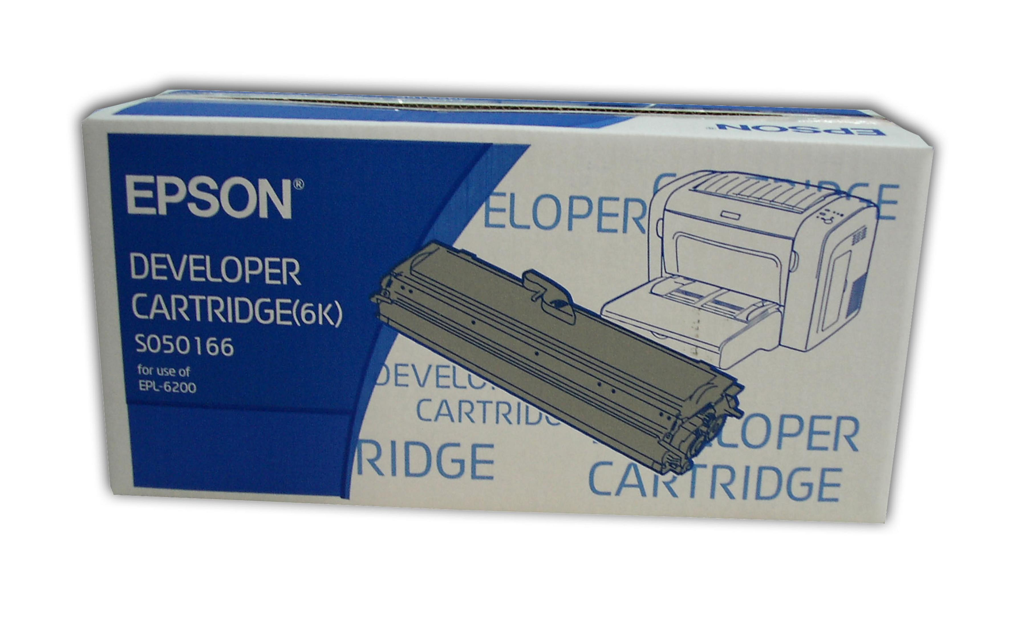 Scatola cartuccia sviluppatore Epson con cartuccia e illustrazione stampante.