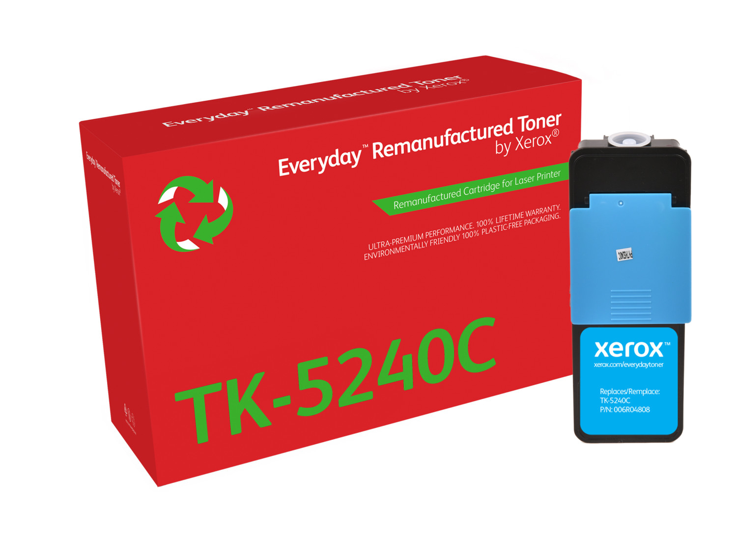 Rode Everyday Remanufactured Toner doos en blauwzwarte tonercartridge op wit.