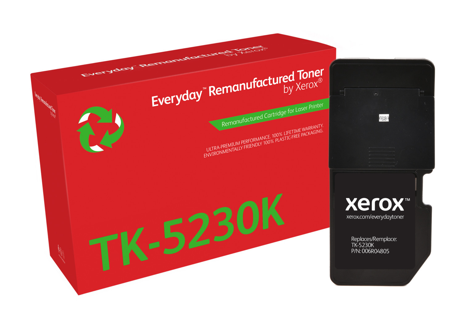 Czerwone pudełko z czarnym wkładem z tonerem, z marką Everyday Remanufactured Toner by Xerox.