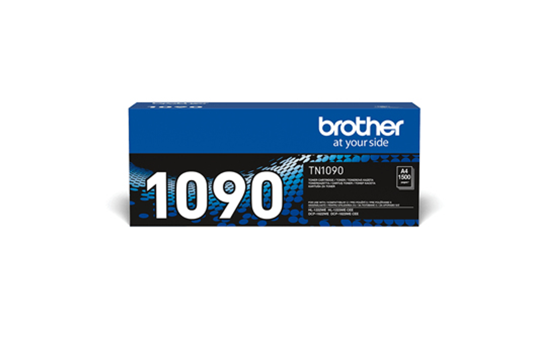 Een blauwe Brother tonercartridgebox met witte tekst en zwarte achtergrond.