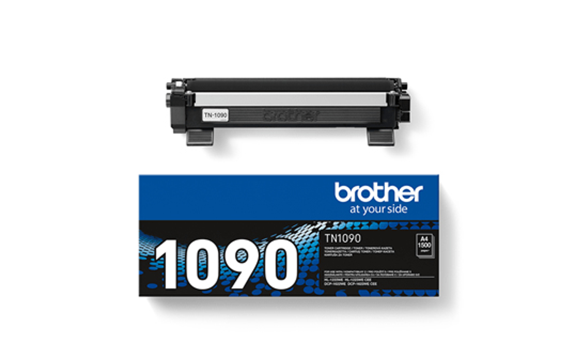 Brother TN1090 tonercartridge en doos. De doos is blauw met witte tekst.