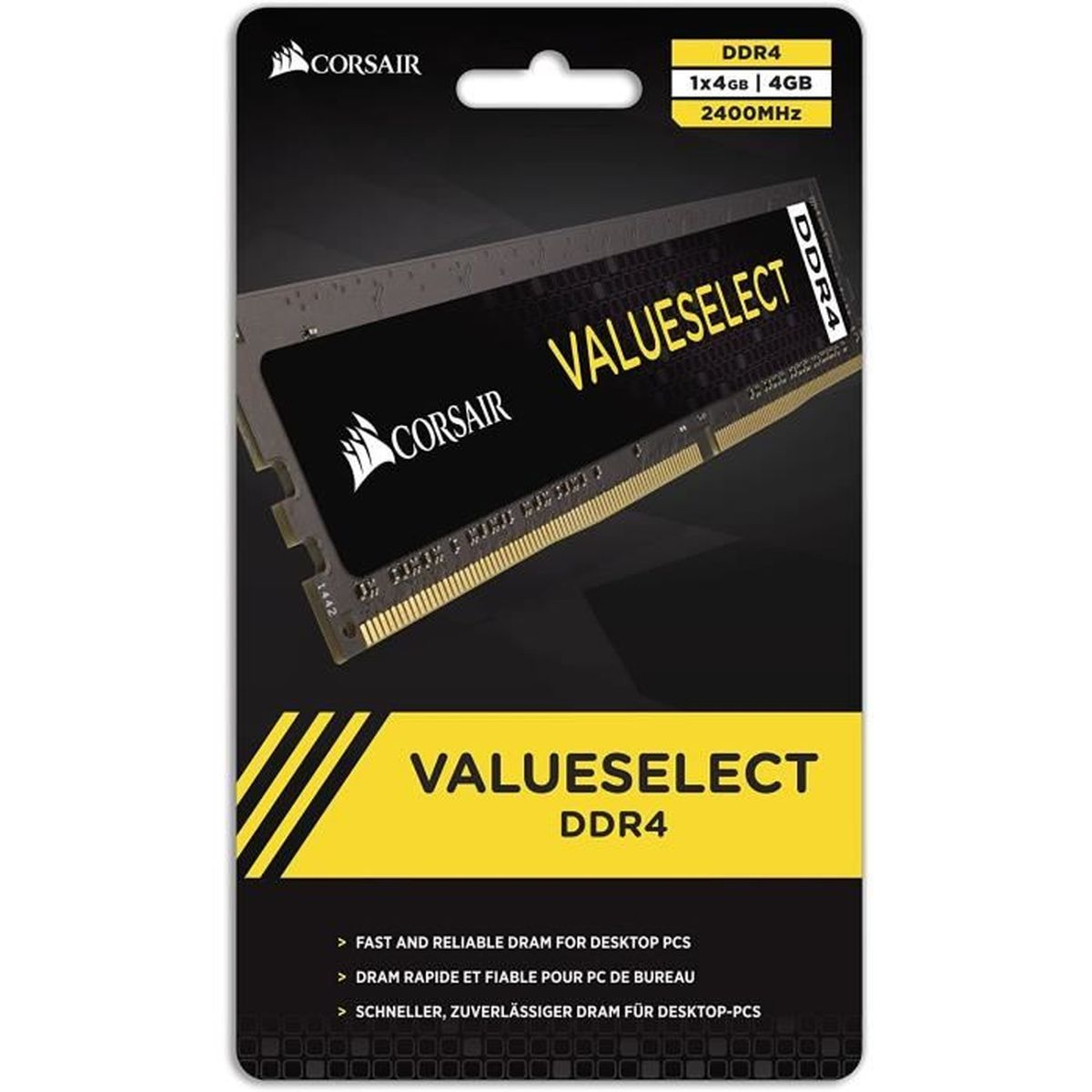 Ein Corsair DDR4 ValueSelect RAM-Modul in einer schwarz-gelben Markenverpackung.