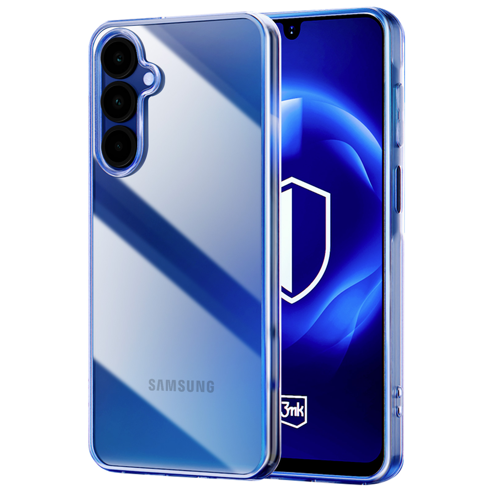 Przezroczyste niebieskie etui na telefonie z niebieskim ekranem. Białe tło.