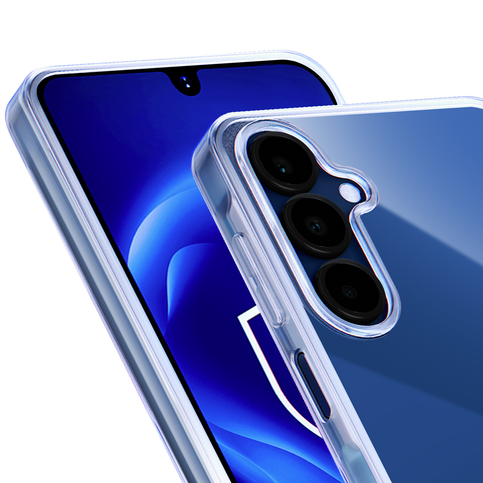 Zbliżenie telefonu z przezroczystym etui, pokazujące aparaty i ekran.