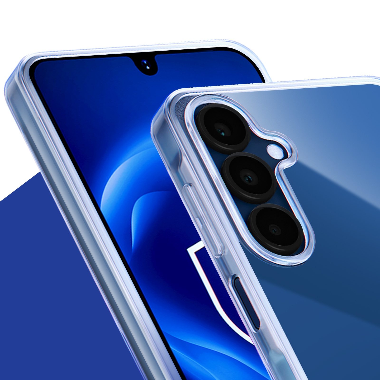 Telefon w przezroczystym etui. Telefon ma trzy aparaty.