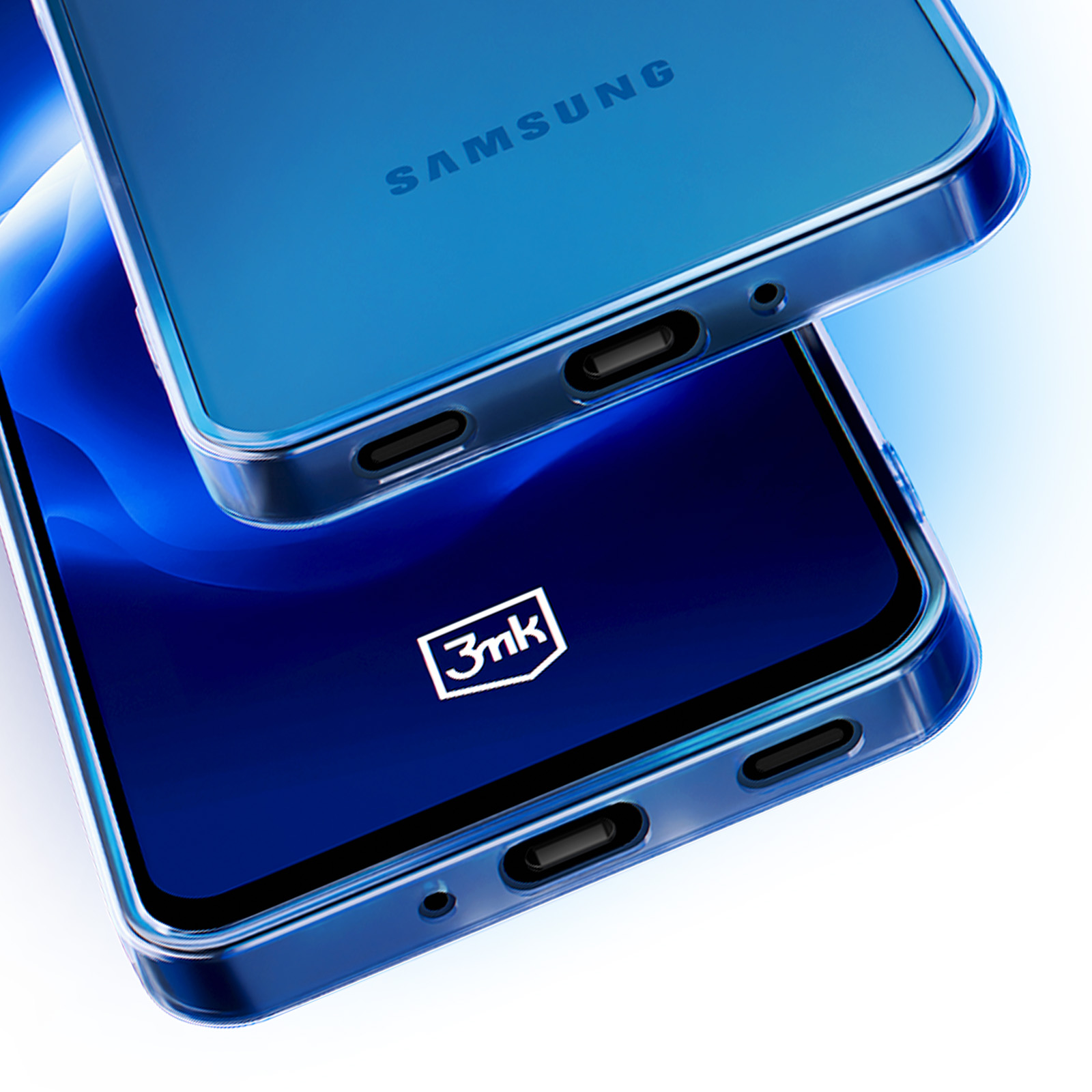 Dwa niebieskie etui na telefon ułożone jedno na drugim.