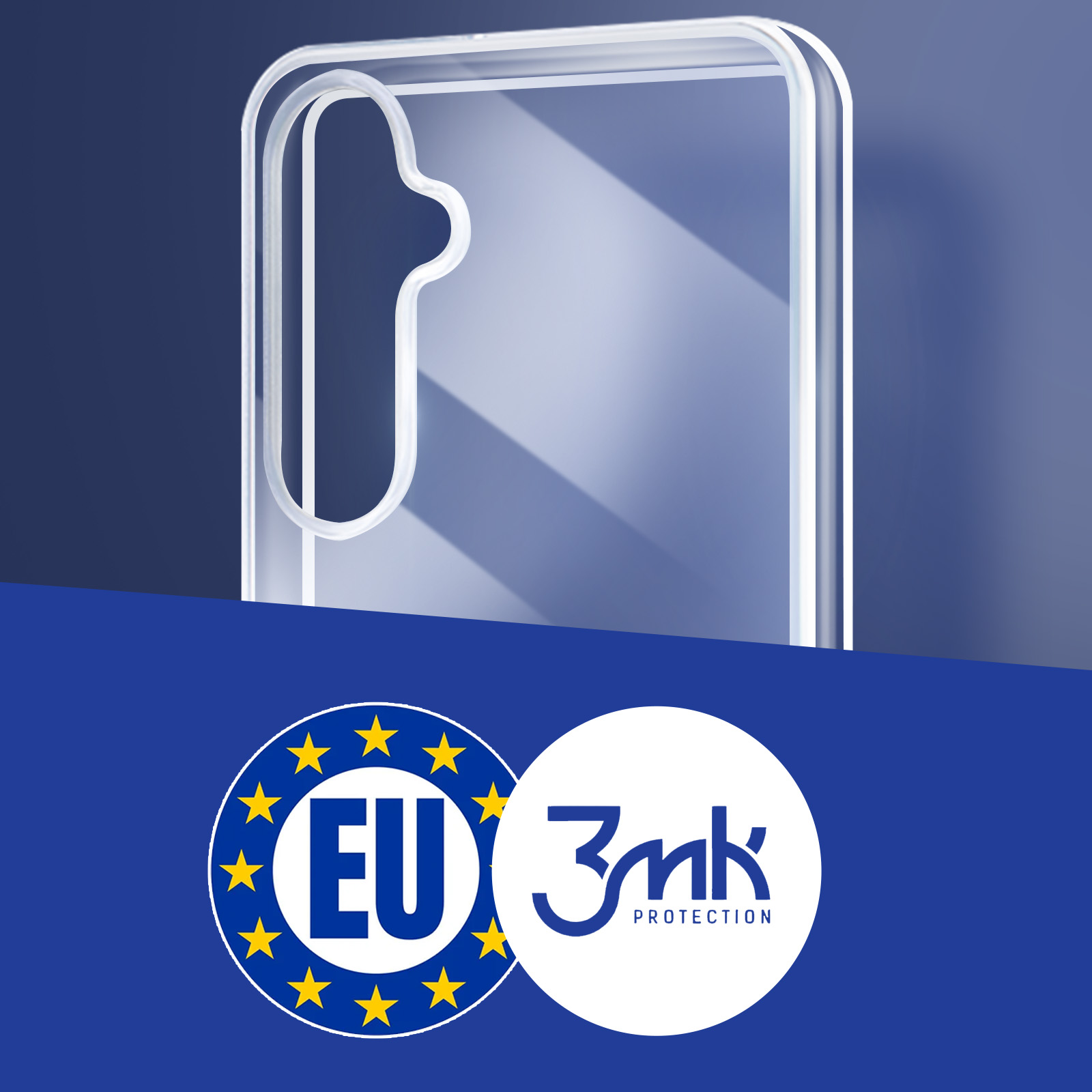 Przezroczyste etui na telefon, z logo UE i 3mk Protection, na niebieskim tle.
