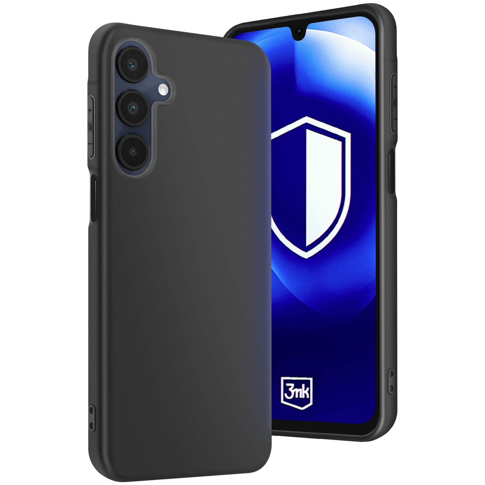 Telefono grigio scuro in una custodia nera. Il telefono ha tre fotocamere. Scudo blu e bianco.