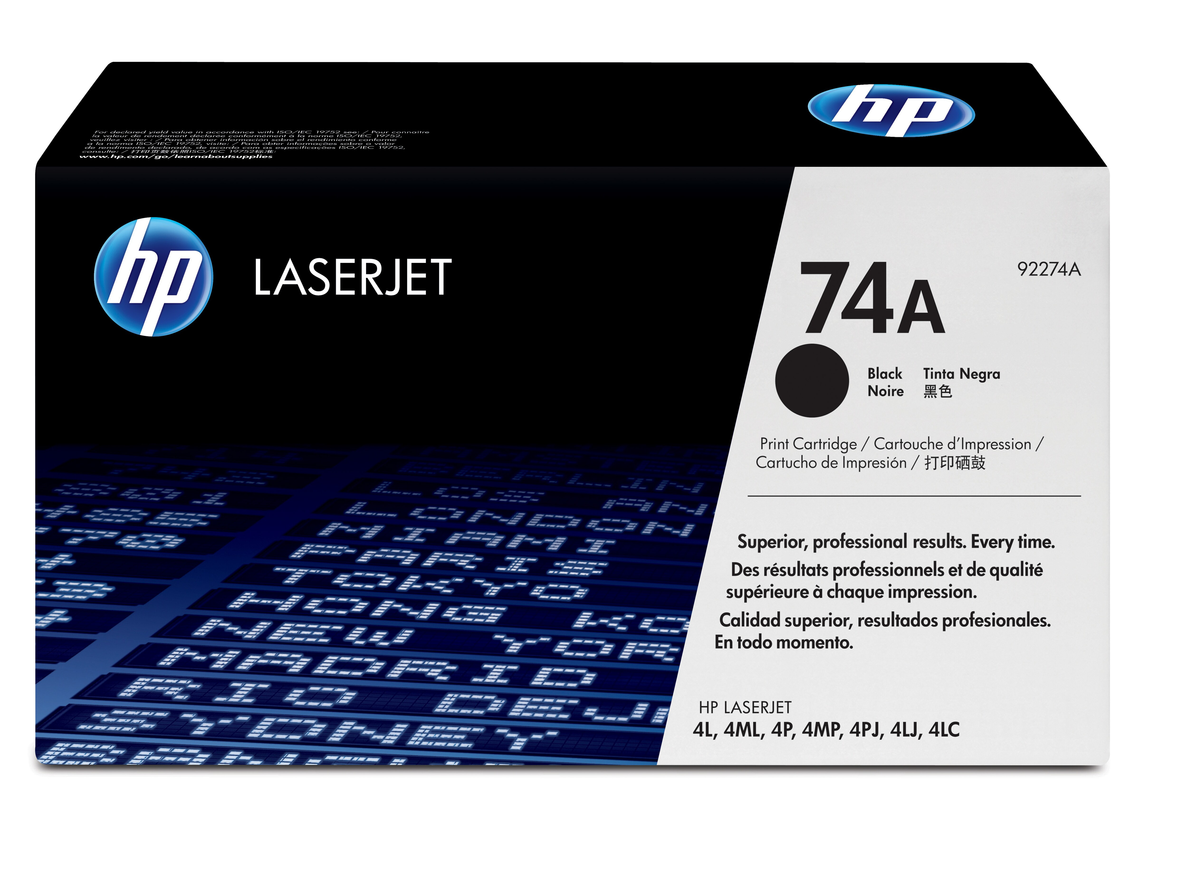 Scatola cartuccia di stampa nera HP Laserjet 74A. Scatola bianca e nera con cartuccia nera all'interno.