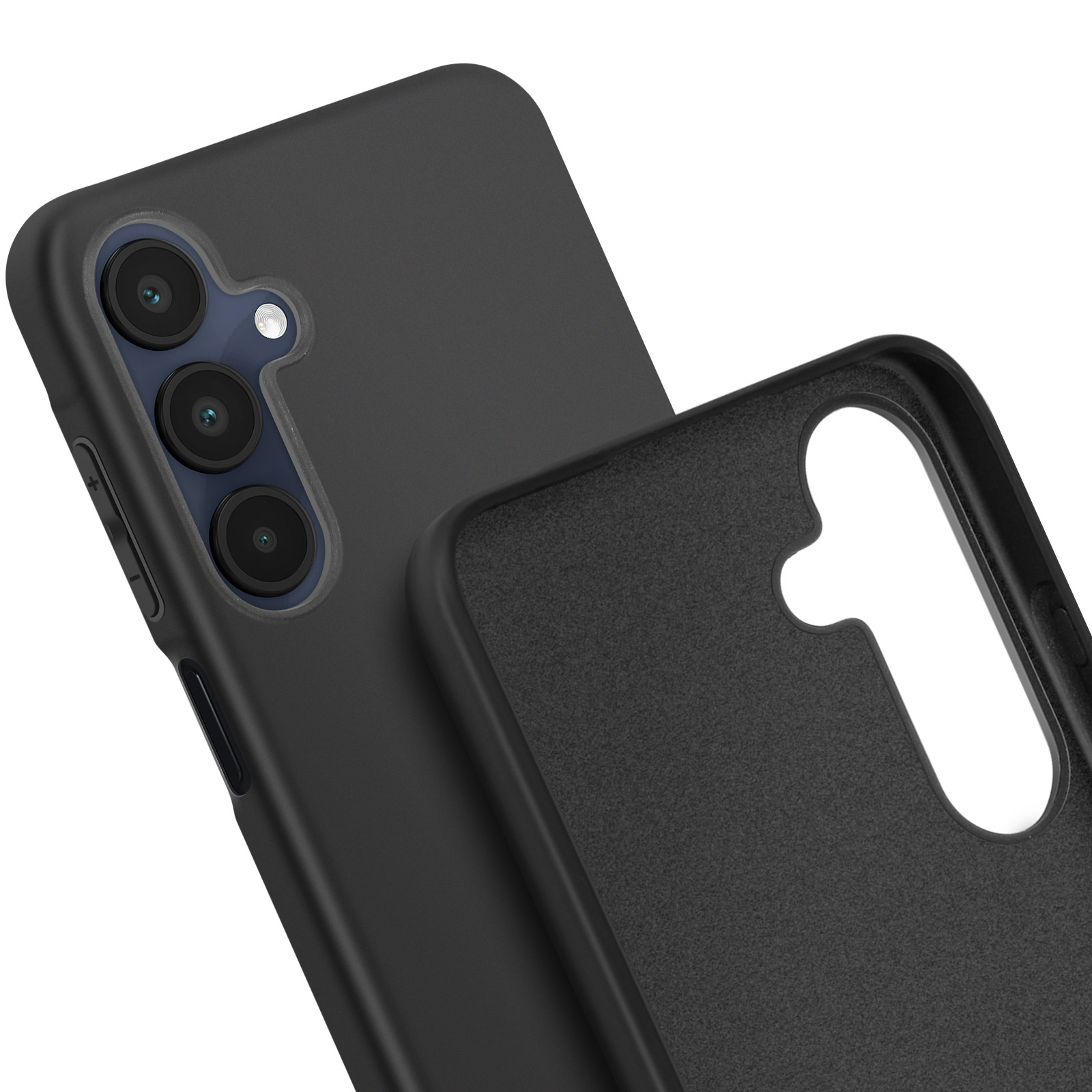 Custodia nera per telefono con tre lenti della fotocamera visibili, mostrando l'interno.