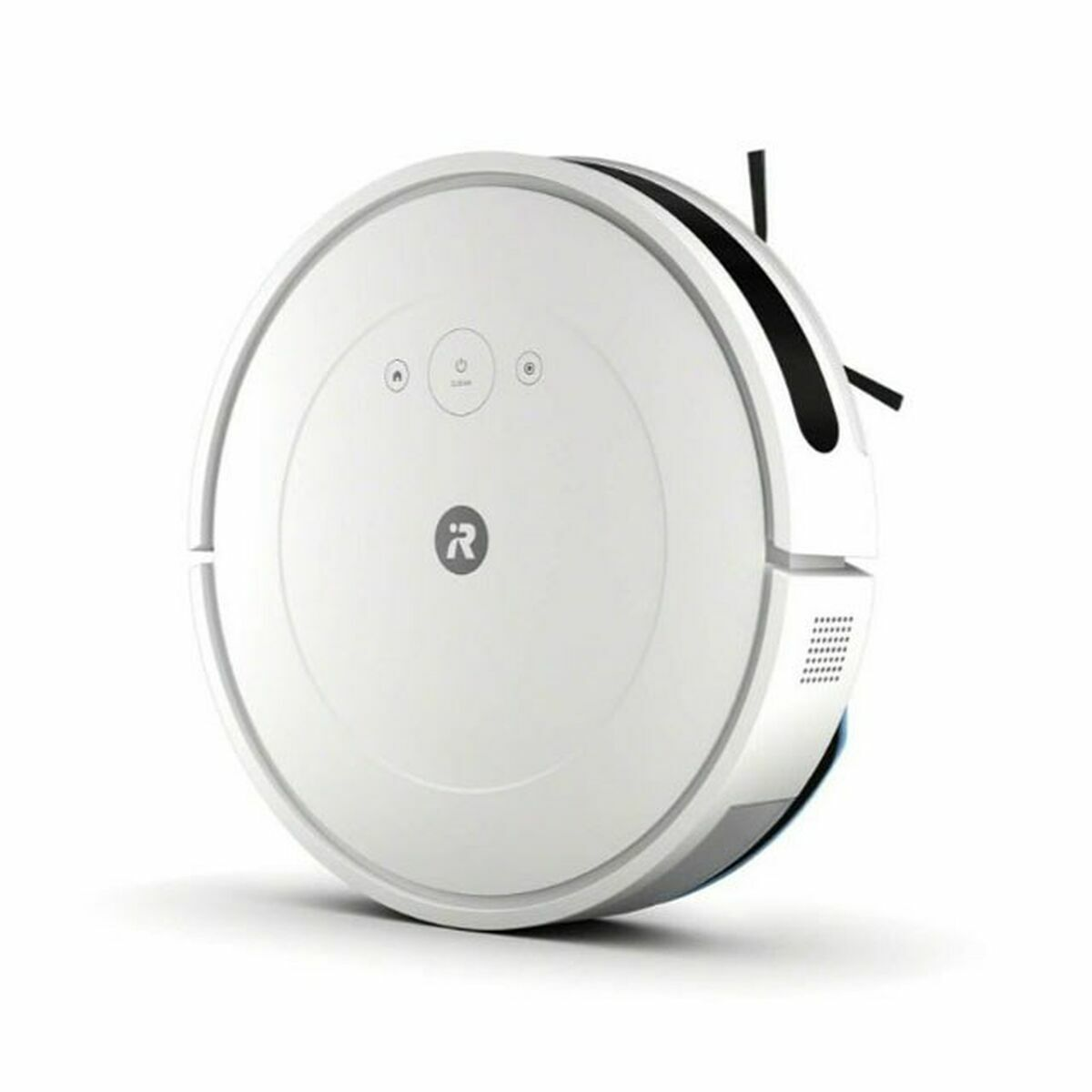 Biały, okrągły odkurzacz automatyczny. Ma przyciski na górze, okrągły kształt i czarny panel boczny.