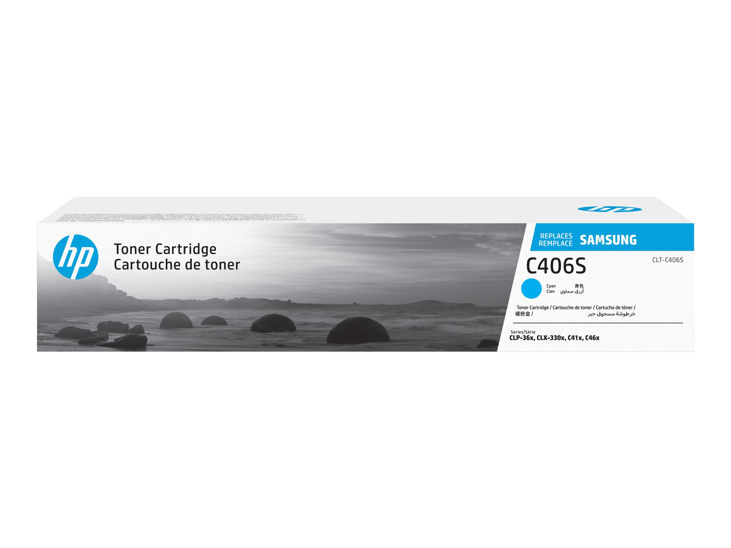 Scatola cartuccia toner HP C406S, blu e bianca, con dettagli.