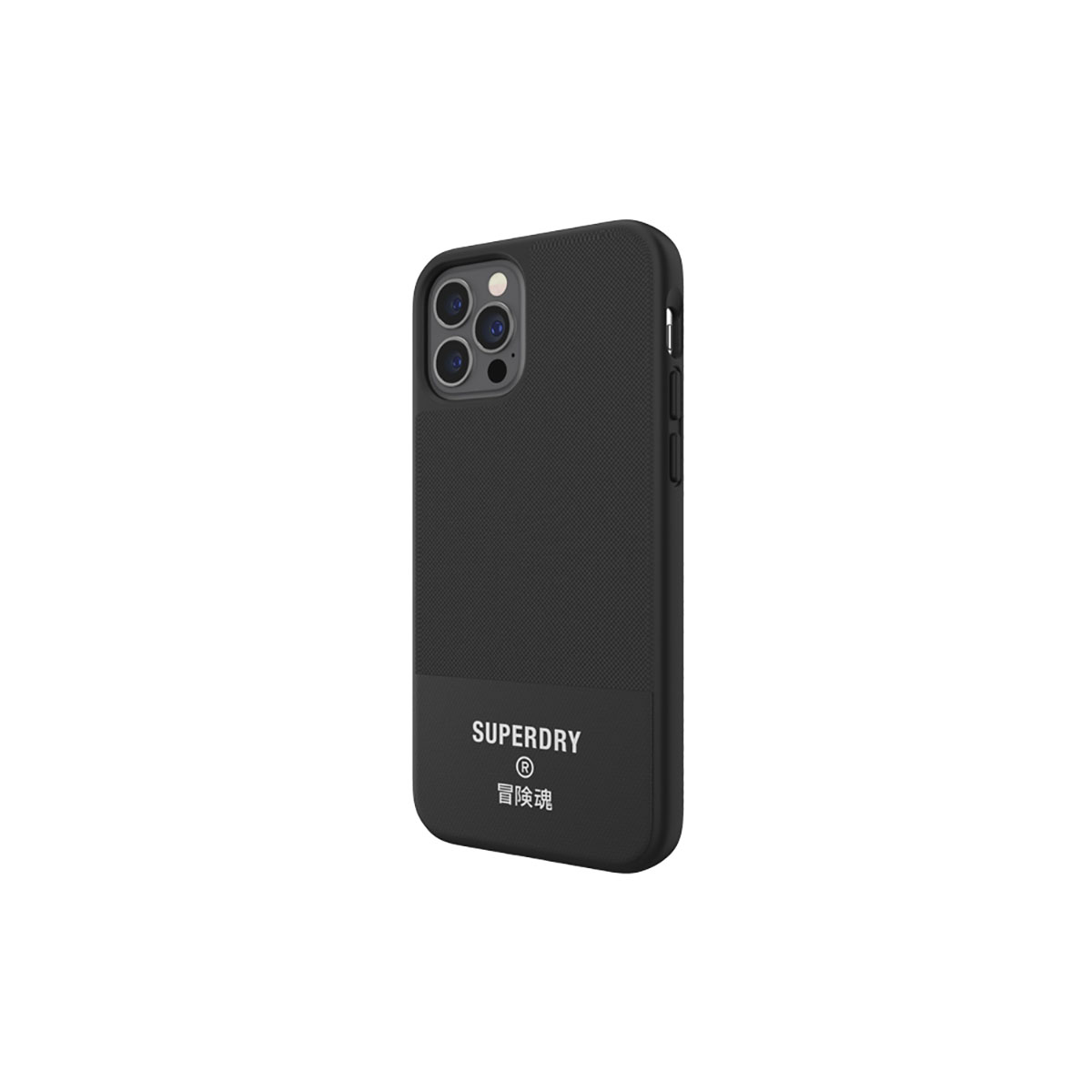 Una custodia per telefono nera con il logo Superdry. Ha un retro strutturato.
