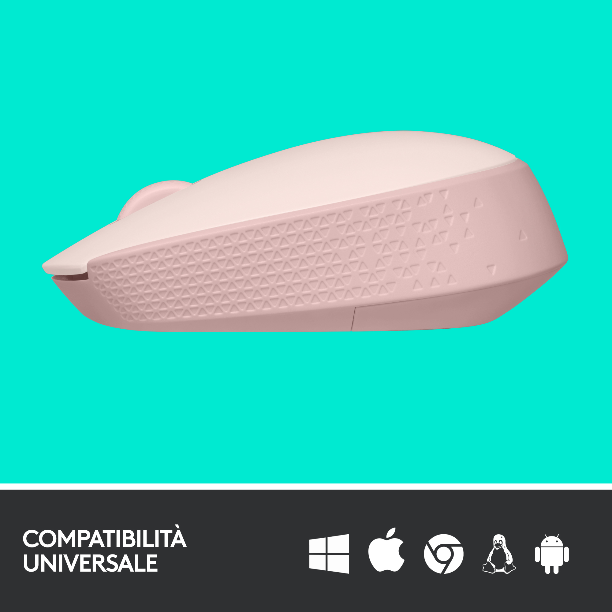 Różowa bezprzewodowa mysz komputerowa z teksturowaną powierzchnią chwytu, na tle turkusowym.