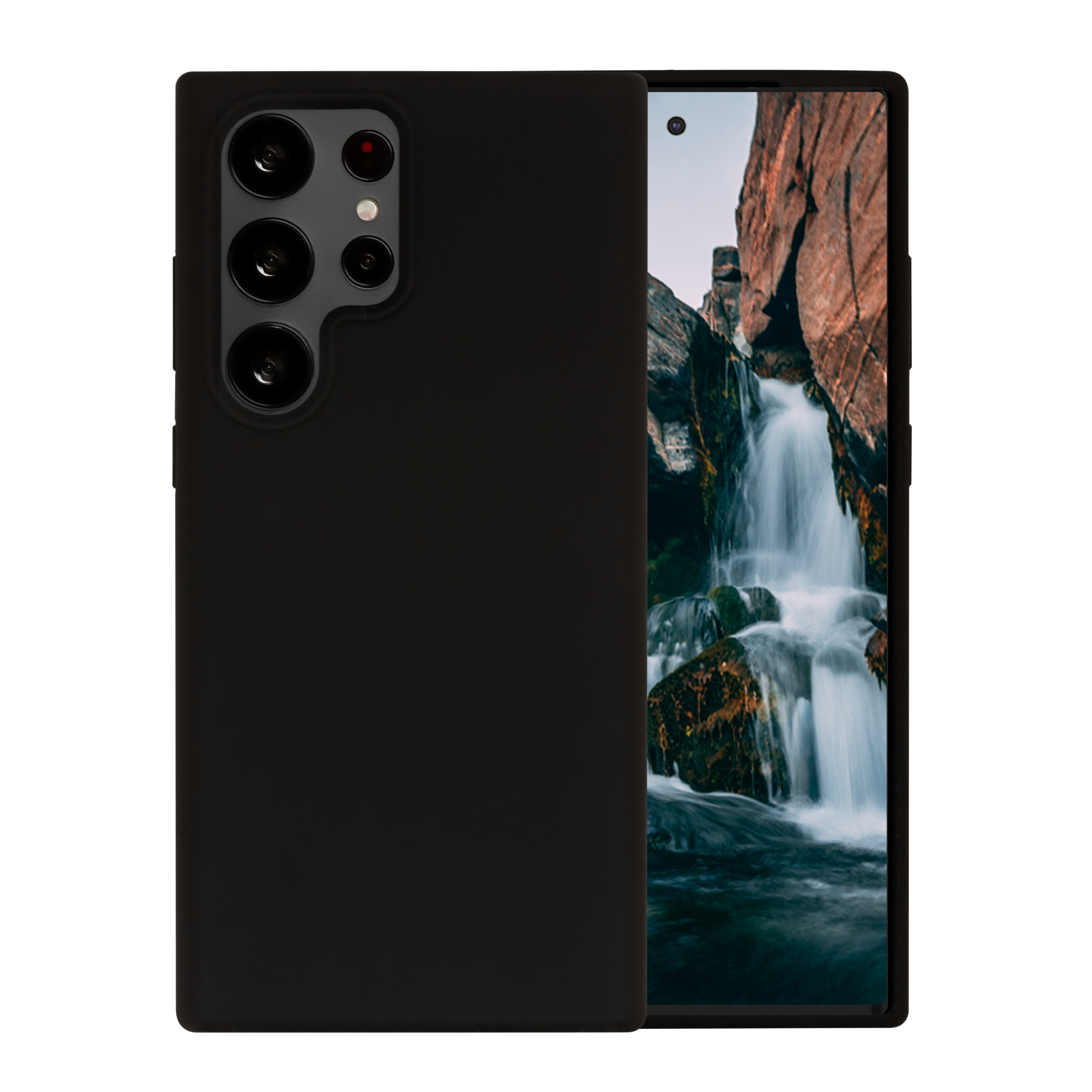 Una custodia nera per telefono su un telefono che mostra una cascata e rocce con una configurazione della fotocamera nera.