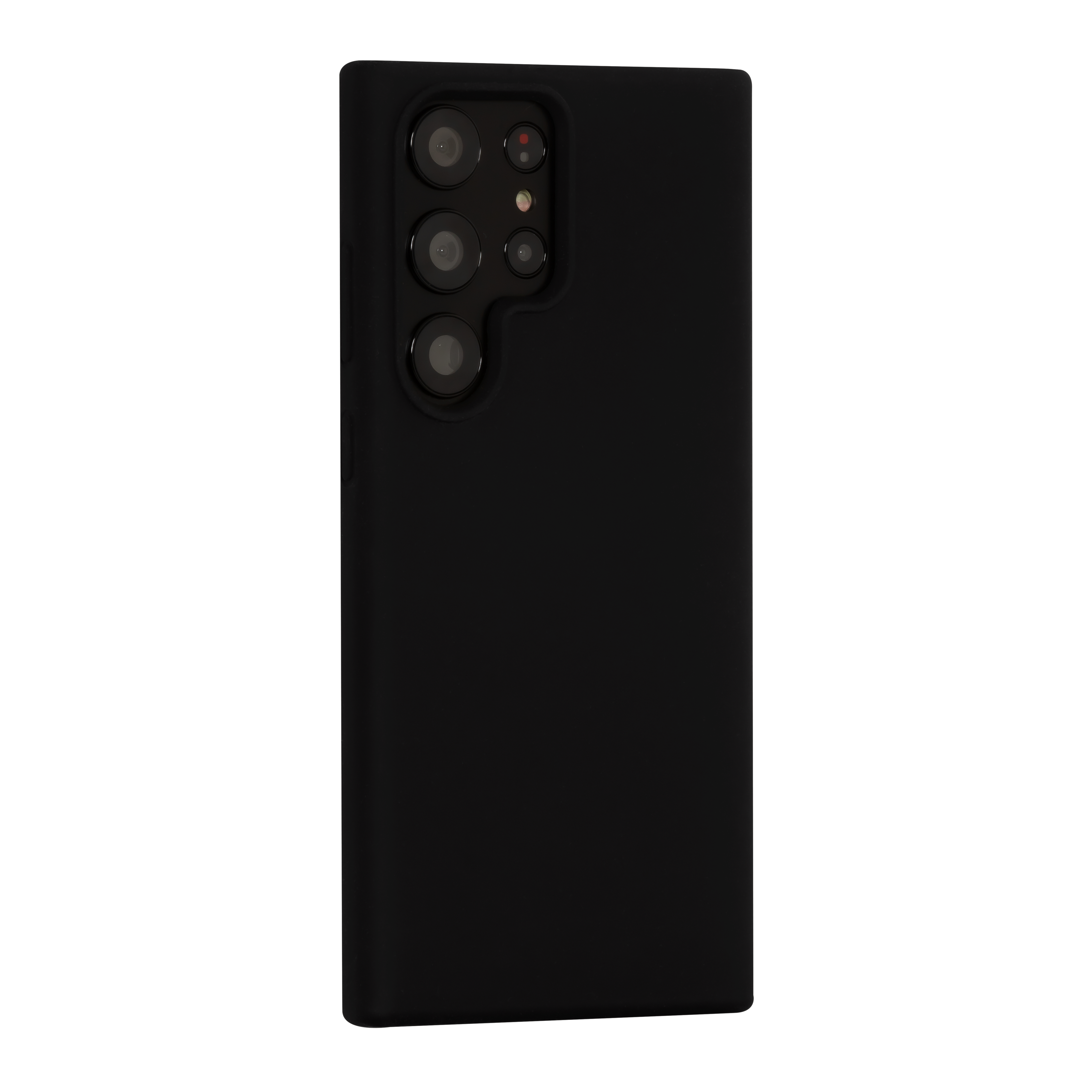 Custodia per smartphone nera, vista posteriore, mostra le lenti della fotocamera. Design elegante, nero.